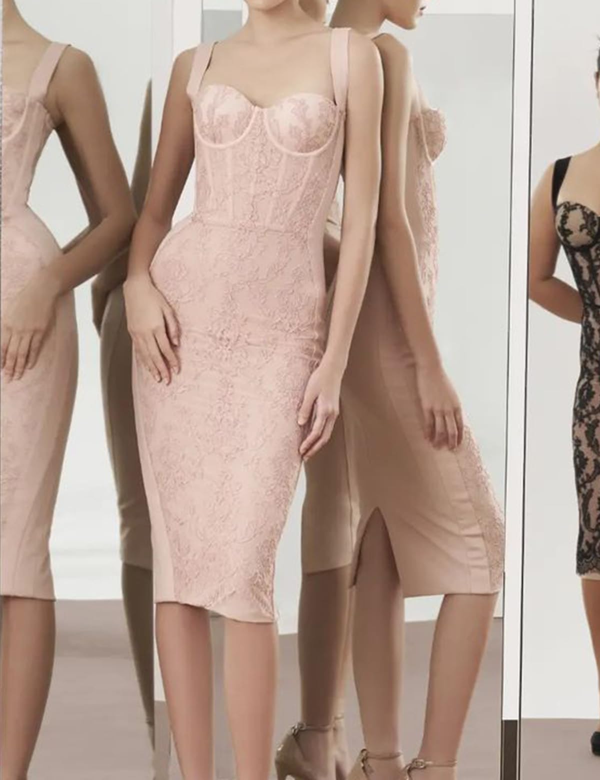 Houstil Women's Elegant Strap Wedding Guest Dress - Bandage Lace Bodycon Cocktail Party Midi Dress for Evening Events, Clubwear, Date Night & Special Occasions