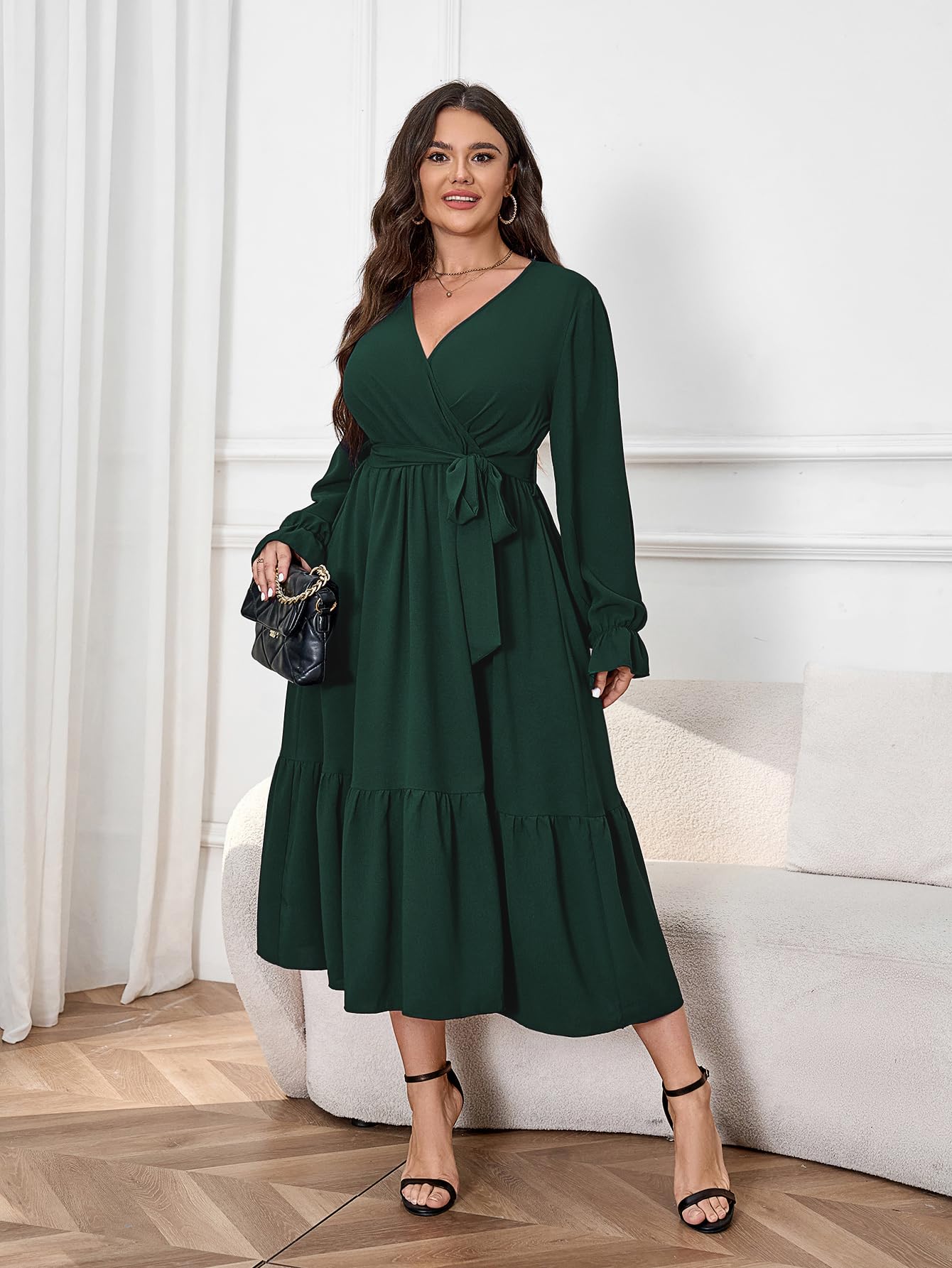 Elegant Plus Size Wedding Guest Dress for Women - Long Sleeve Wrap V-Neck Belted A-Line Maxi Dress with Ruffle Hem | Perfect for Cocktail Parties, Formal Events & Special Occasions