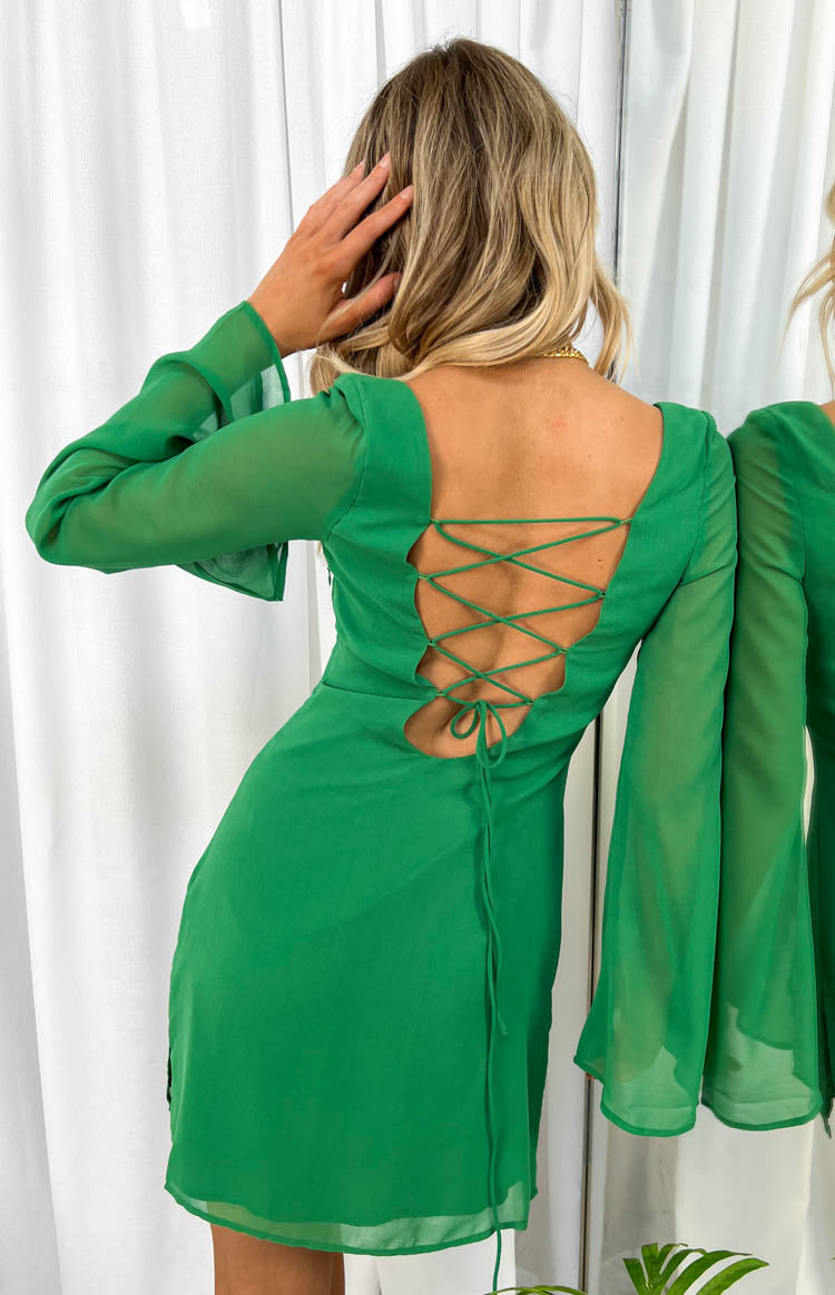 Amalfi Green Long Sleeve Lace Up Mini Dress for Women - Elegant Bodycon Party Dress for Date Night, Clubwear & Special Occasions