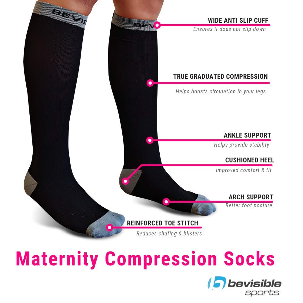 BeVisible Sports Maternity Compression Socks for Women - Pregnancy Support Stockings & Leggings, Knee High Open Toe for Comfort - Ideal for Running, Yoga & Everyday Wear During Pregnancy