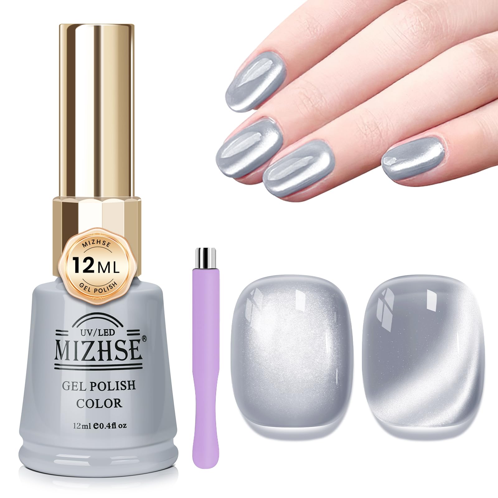 MIZHSE Cat Eye Gel Nail Polish - 12mL Silver Glitter Moonlight Cateye UV LED Soak Off Gel Polish for Nail Art | Salon & Home DIY Manicure | Perfect for Parties, Weddings & Special Occasions