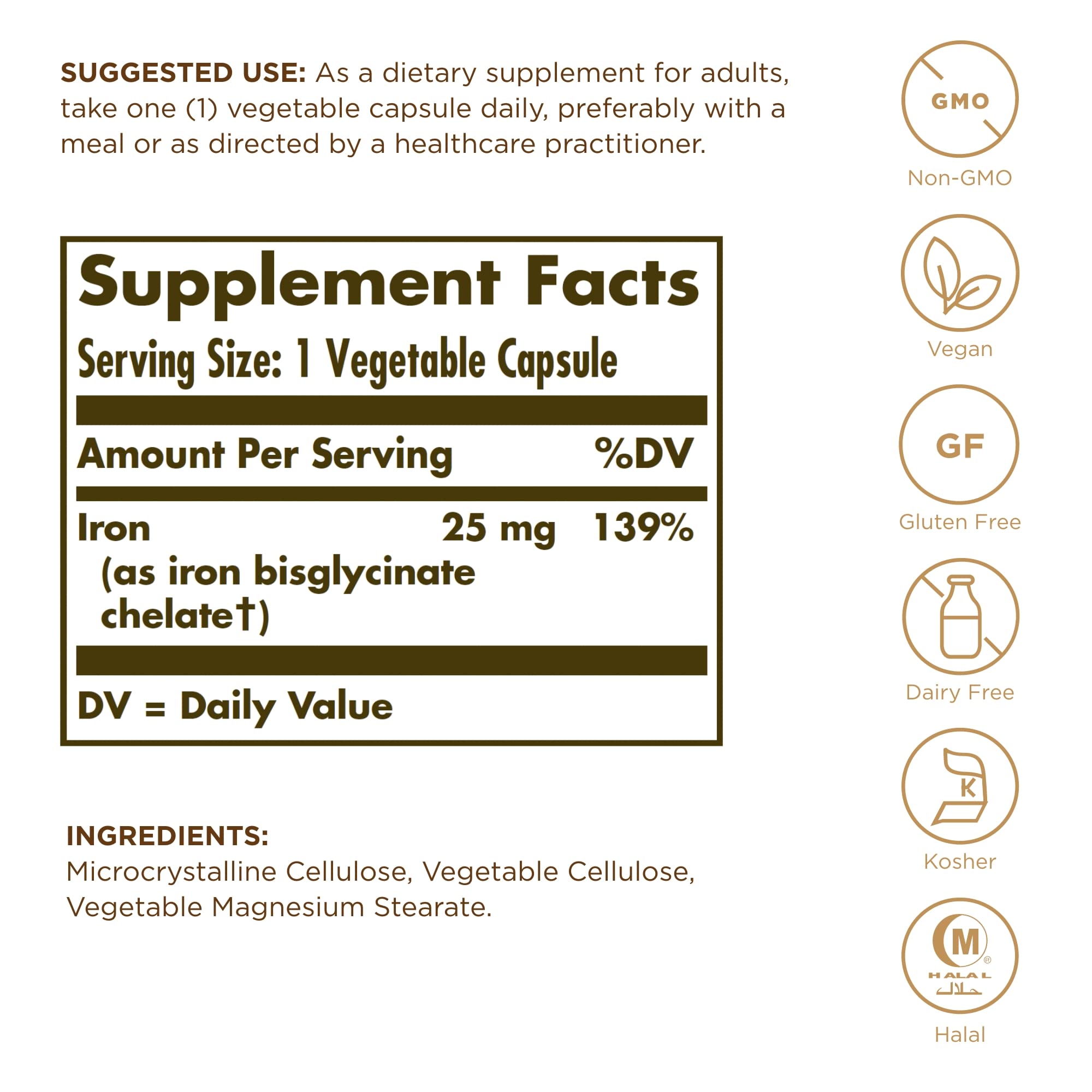 Solgar Gentle Iron (Iron Bisglycinate) 25mg - 180 Vegetarian Capsules - Non-Constipating, Stomach-Friendly Iron Supplement - Non-GMO, Gluten-Free - Supports Energy & Red Blood Cell Production - Ideal for Sensitive Stomachs & Active Lifestyles