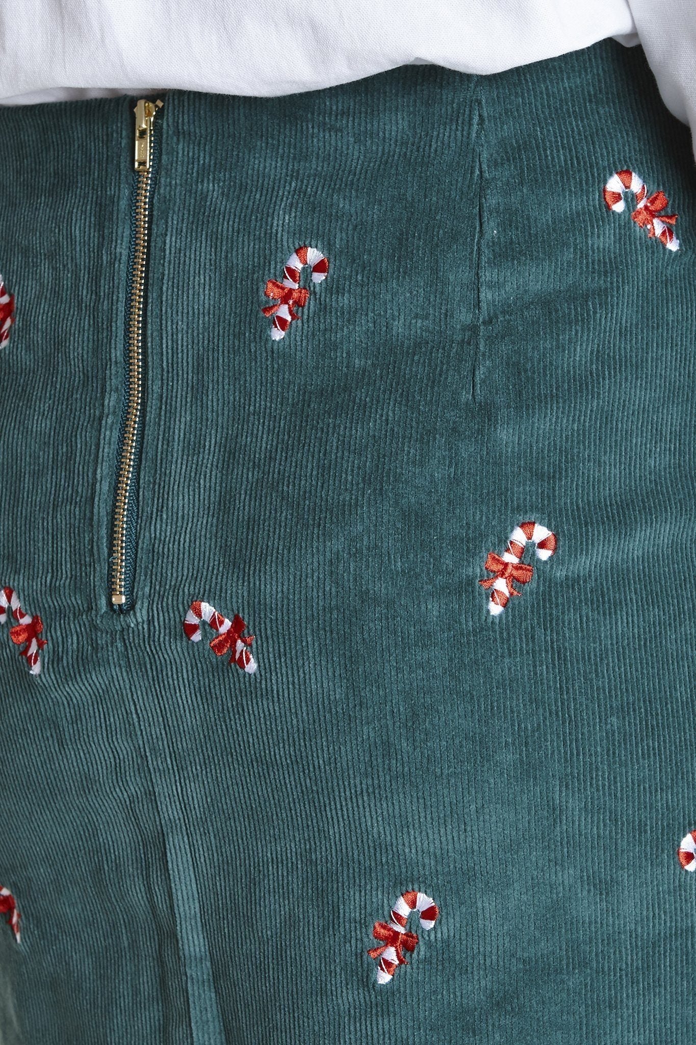 Stylish Ali Corduroy Skirt in Hunter Green with Candy Cane Print - Perfect for Fall Fashion and Holiday Outfits