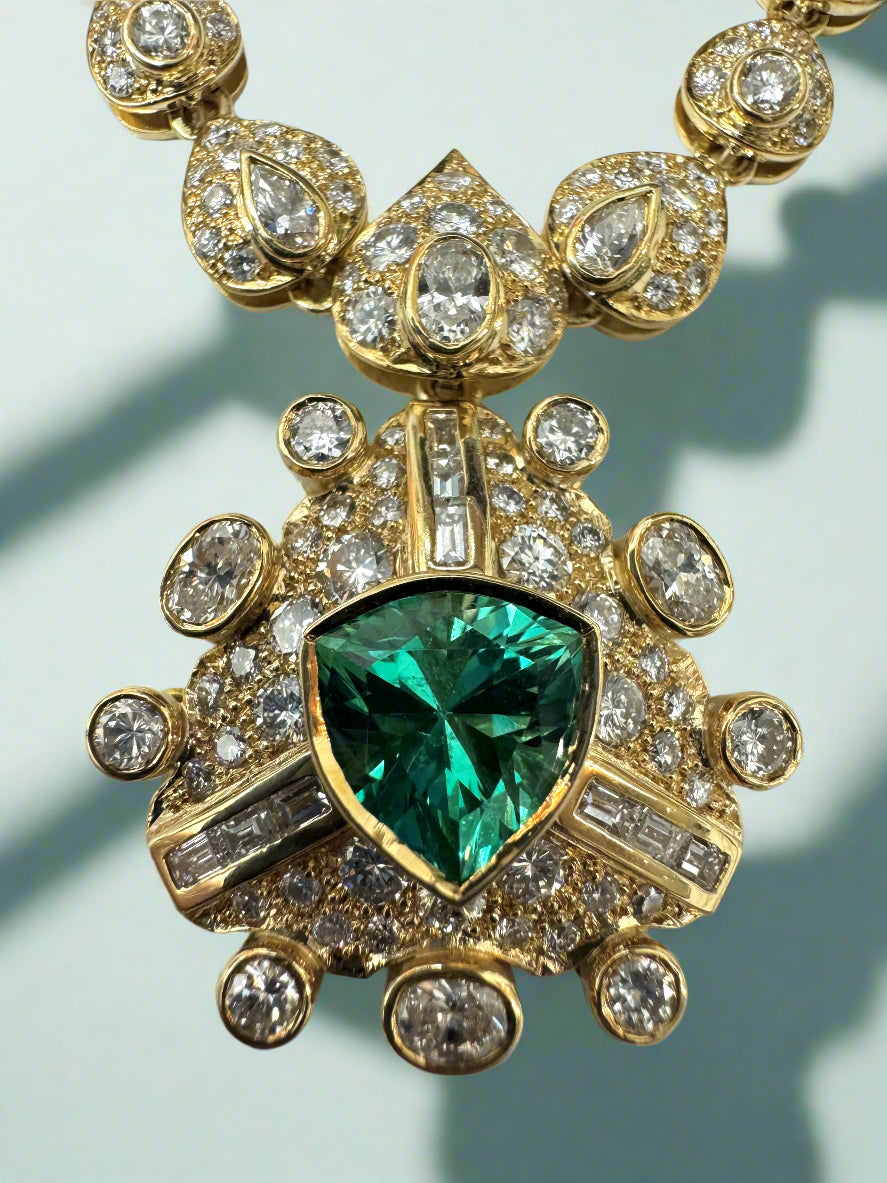 6.28tcw 18K Gold Vintage 1980s Colombian Emerald & Diamond Necklace - AAA+ Natural Trillion Cut Emerald Jewelry for Women | Perfect for Weddings, Anniversaries & Special Occasions