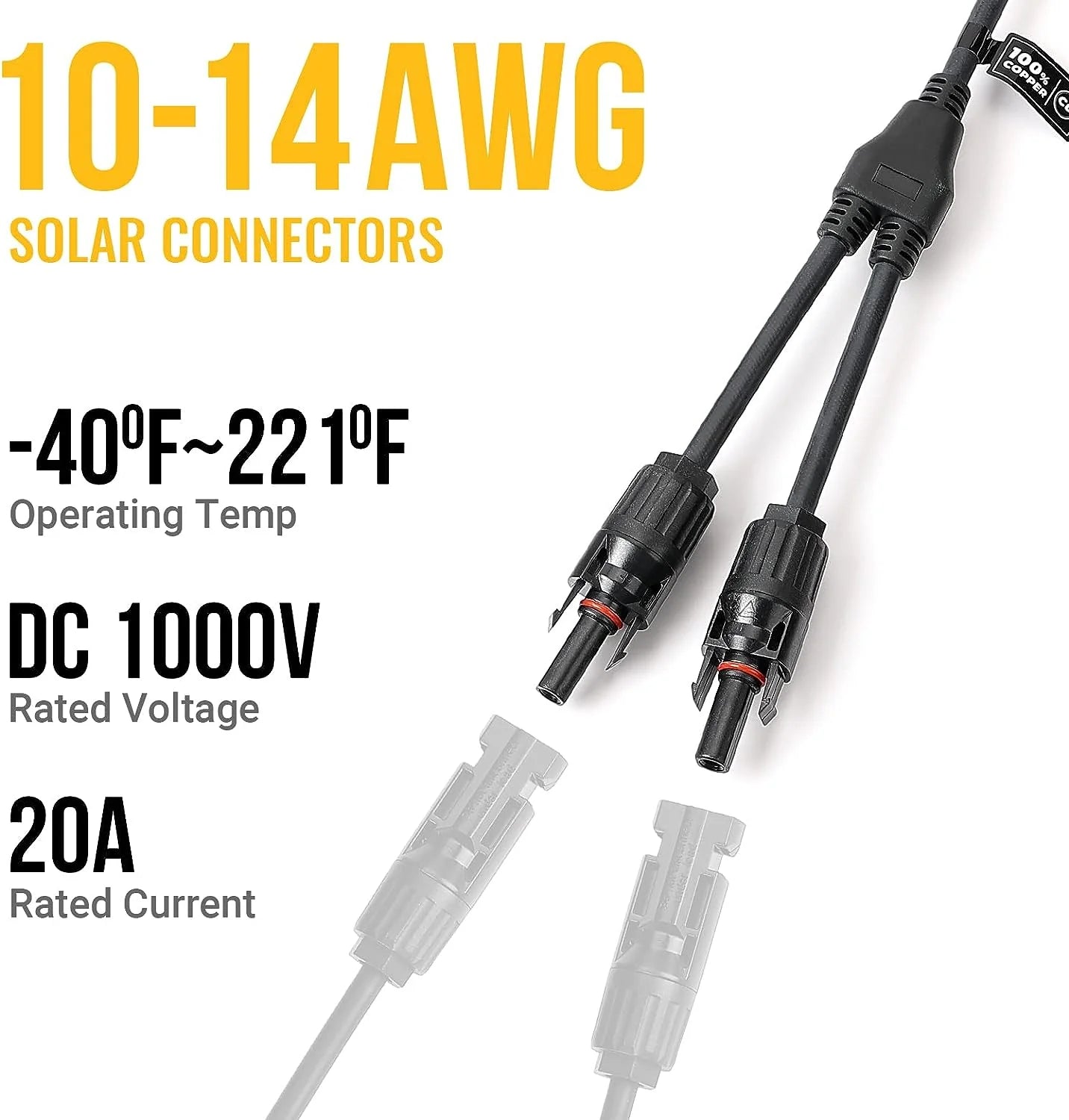 BougeRV Solar Connectors Y Branch Parallel Adapter Cable Wire - 10 AWG Solar Panel Extension Cable for RV, Boat, Off-Grid Power Systems | Weatherproof & Durable Solar Energy Connectors