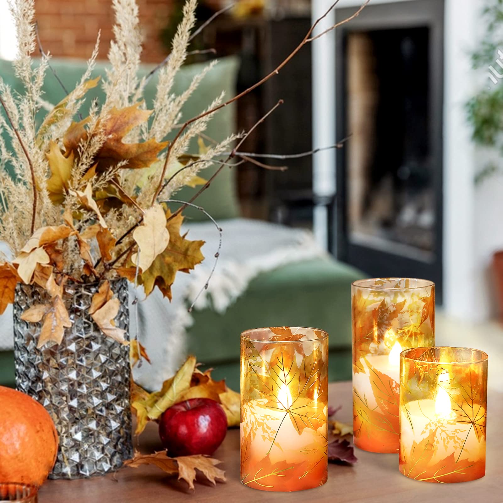 Realistic Flameless LED Candles with Remote & Timer - Battery Operated Maple Leaf Glass Pillar Candles for Fall Decor, Thanksgiving, Halloween - Perfect for Home, Dining Table, Fireplace & Seasonal Centerpieces