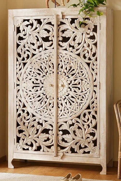 Hand Carved White Wooden Floral Pattern Armoire Wardrobe - Traditional Indian Furniture for Bedroom Storage & Home Decor