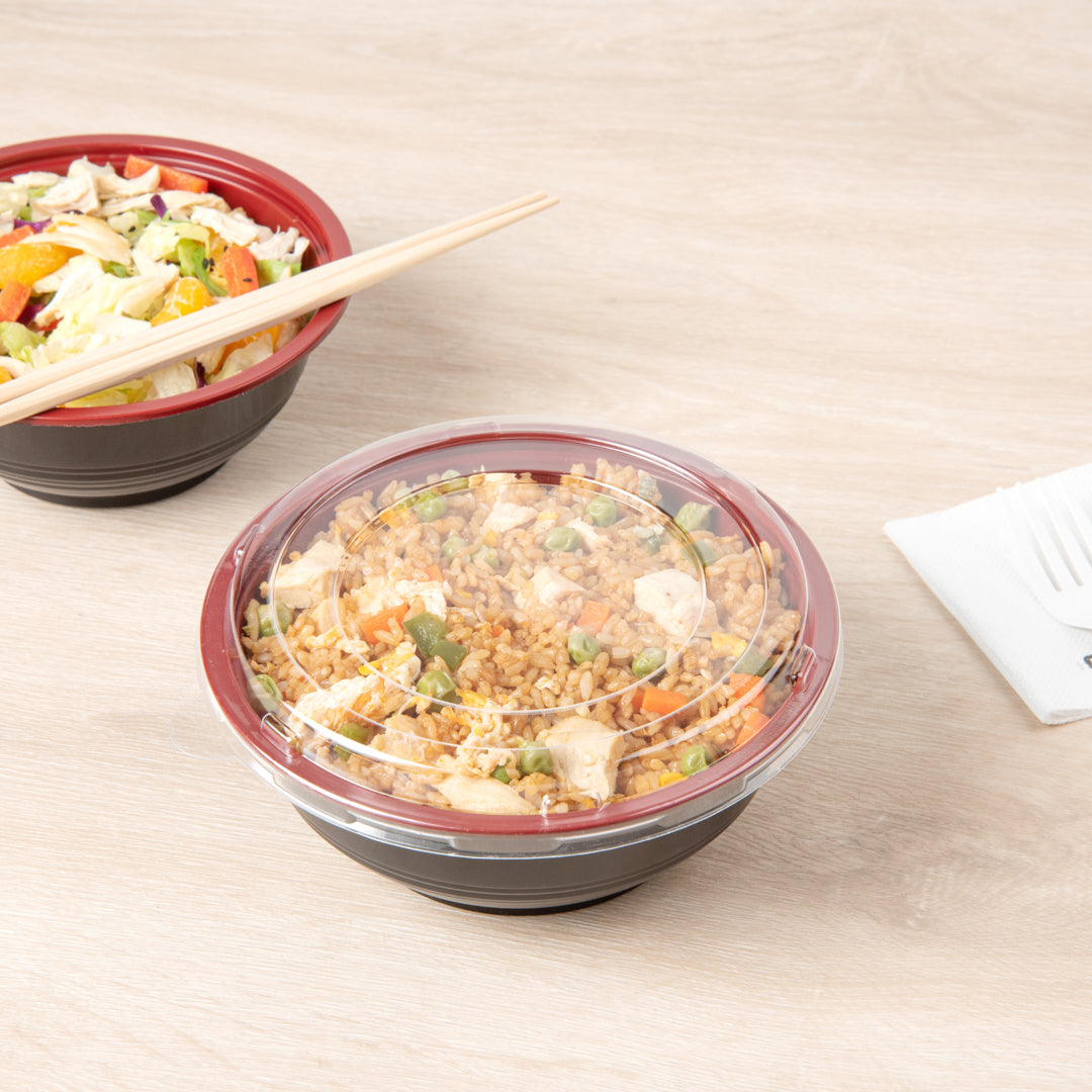 24 oz Round Black and Red Plastic Panda Bowl with Clear Lid - Microwave Safe Asian Style Soup Noodle Bowl (6.5