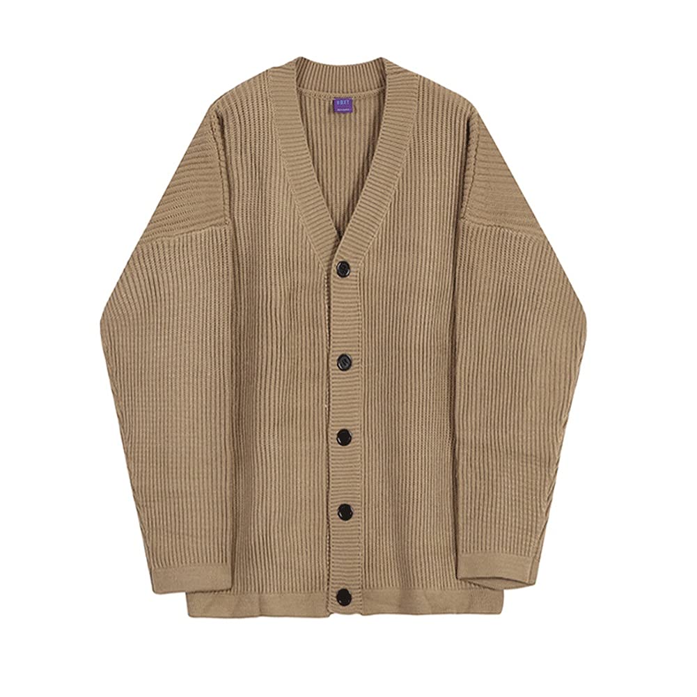 SKREOJF Men's Loose Knit Cardigan Sweater - Korean Fashion Casual Knitwear for Spring & Autumn - Thick Warm XXL Khaki - Perfect for Layering & Outdoor Activities
