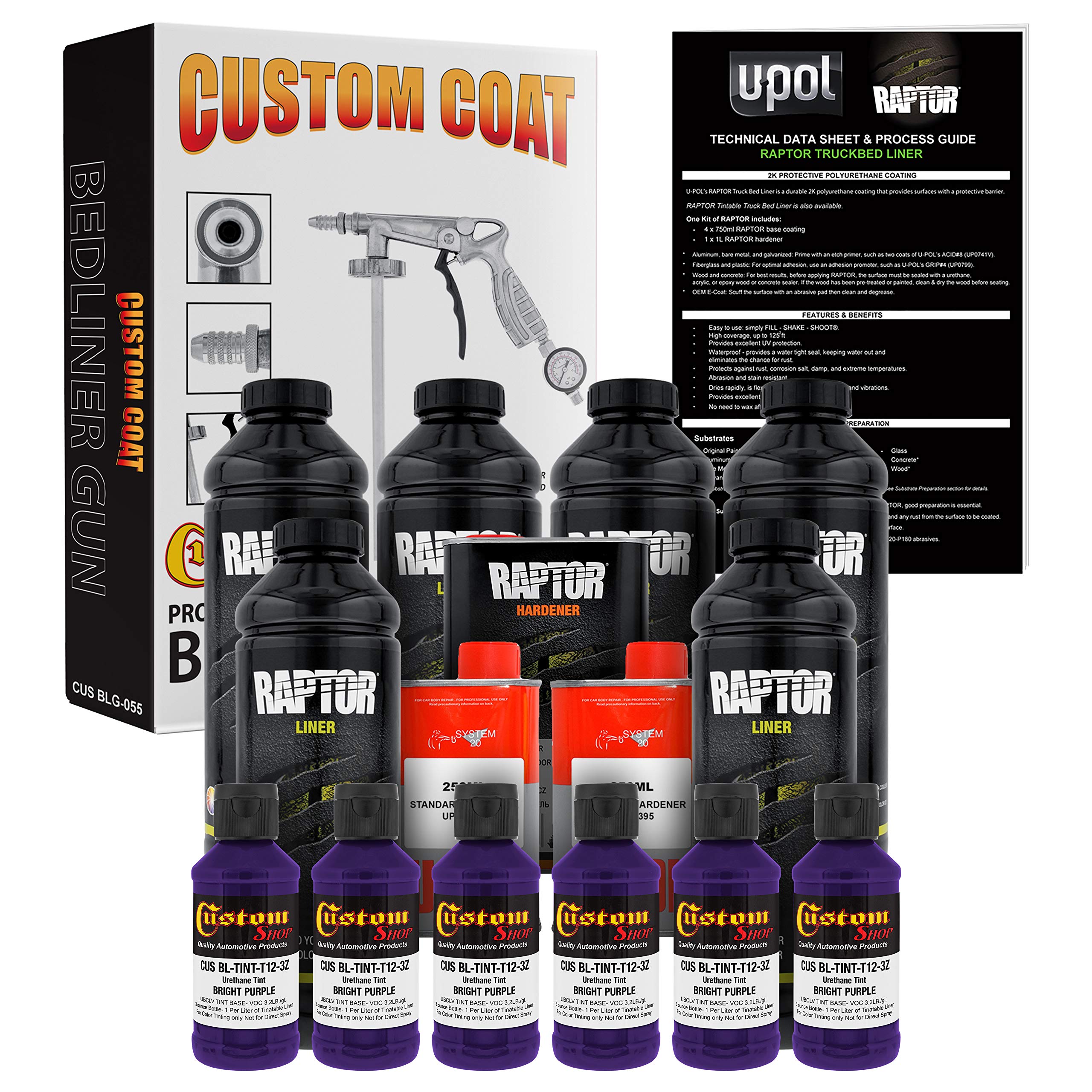 Custom Shop Bright Purple Urethane Spray-On Truck Bed Liner Kit with Regulator & Spray Gun - 6 Liters (1.6 Gallons) for Pickup Trucks, SUVs, and Off-Road Vehicles - DIY Protective Coating for Vehicle Beds, Trailers, and Industrial Equipment