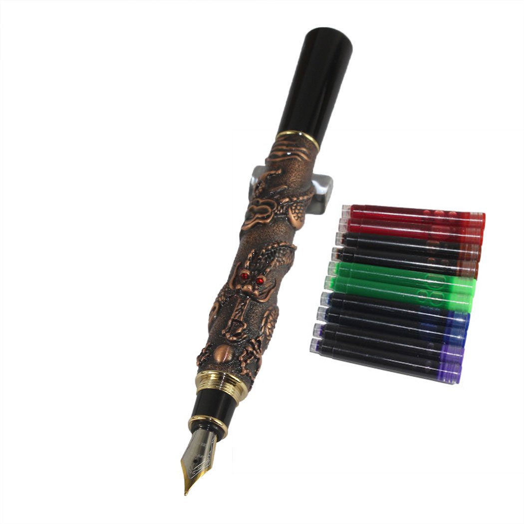 Gullor Chinese Dragon Copper Basso-Relievo Fountain Pen Set - Premium Engraved Calligraphy Pen with Gift Box & 5 Color Ink Cartridges - Perfect for Writing Enthusiasts, Collectors, and Special Occasion Gifts