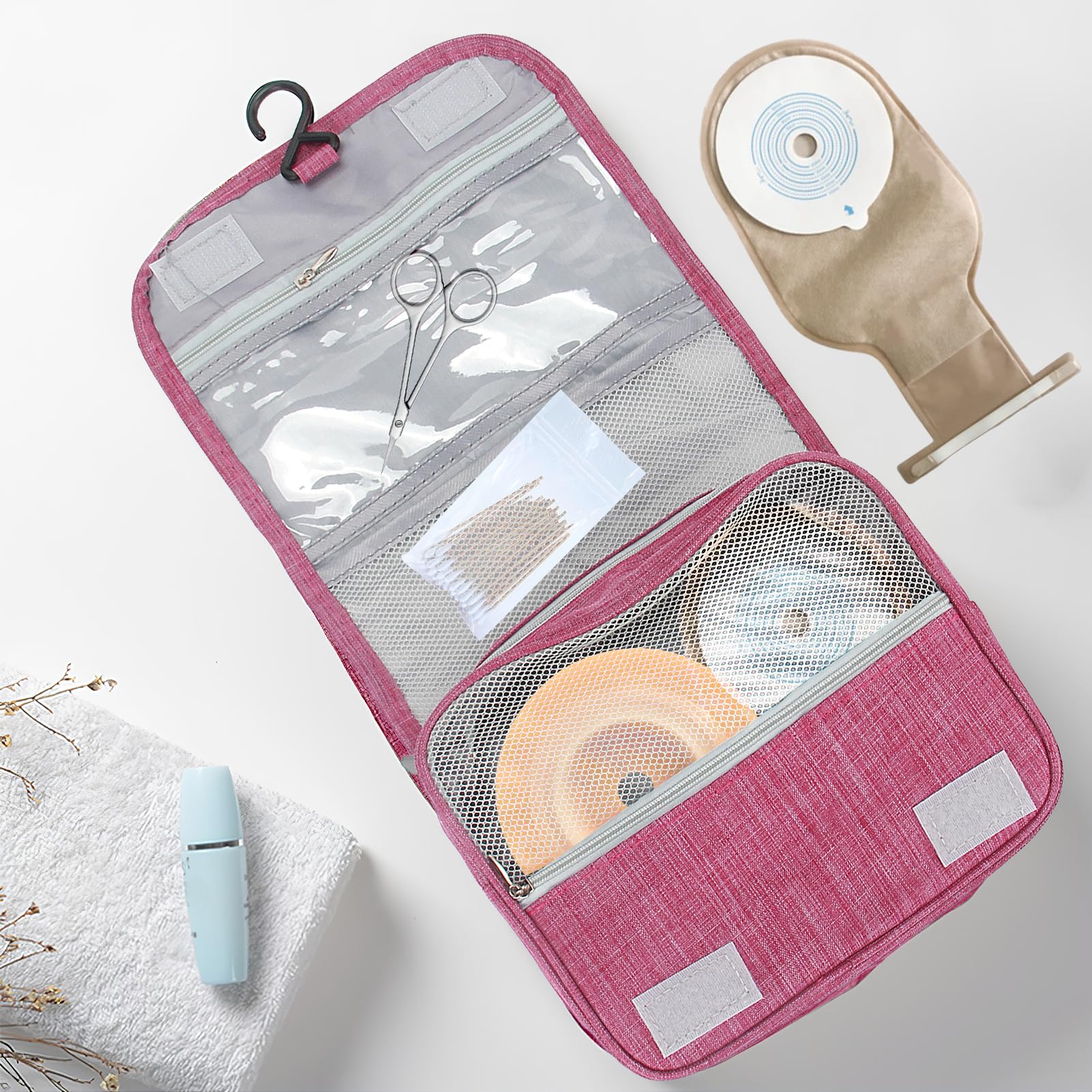 Ostomy Travel Bag - Waterproof Hanging Organizer for Colostomy, Ileostomy, Foley Catheter Supplies | Portable Medical Pouch for Hospital, Home, Camping (Rose Red)