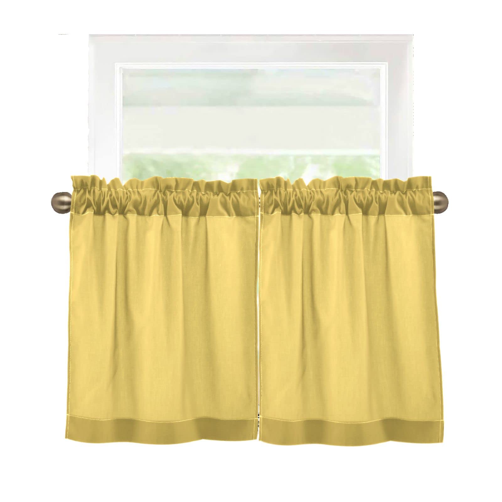 DOMIKING Lemon Yellow Tier Curtains 27x24 Inches - Short Valance Window Curtains with Rod Pocket for Small Windows, Doorway, Kitchen & Bedroom - Light Filtering Sheer Curtains for Privacy & Decoration