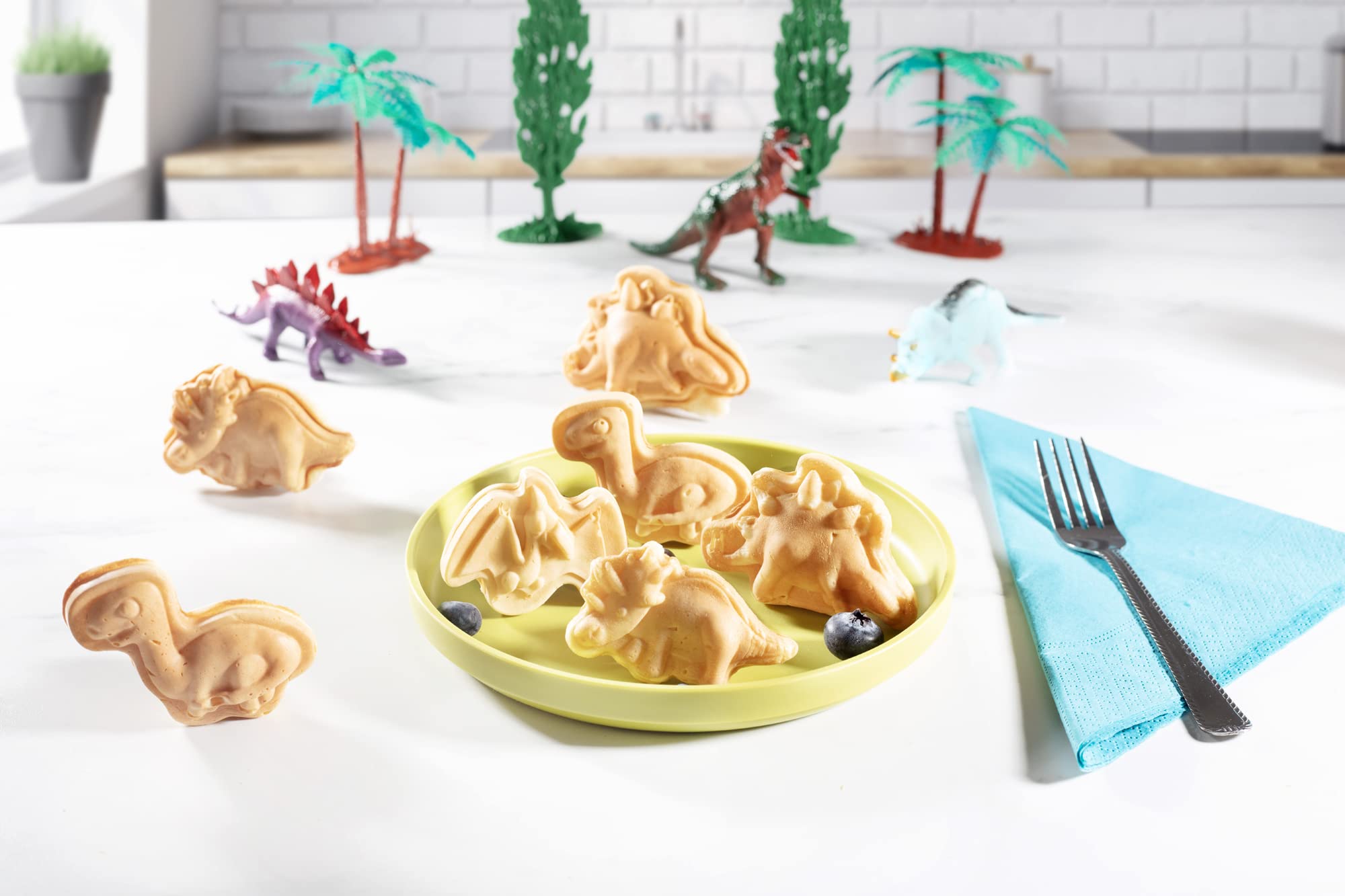 Dinosaur Mini Waffle Maker - 5 Unique 3D Dinosaur Shapes - Fast & Easy Electric Non-Stick Waffle Iron for Kids & Adults - Perfect for Easter Breakfast, Birthday Parties & Fun Family Desserts - Includes Recipe Book & Gift Box