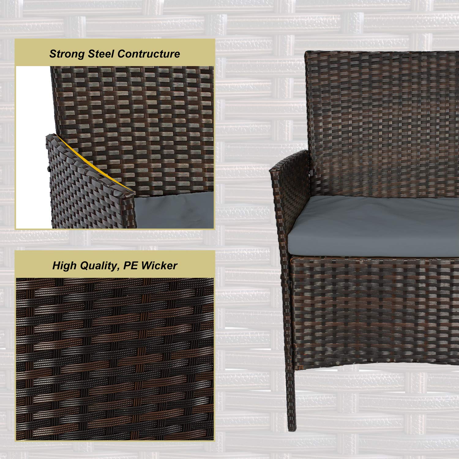 3-Piece Outdoor Patio Furniture Set - PE Wicker Rattan Chairs & Table Sofa with Cushioned Seats, Brown & Gray - Perfect for Garden, Poolside, and Backyard Relaxation