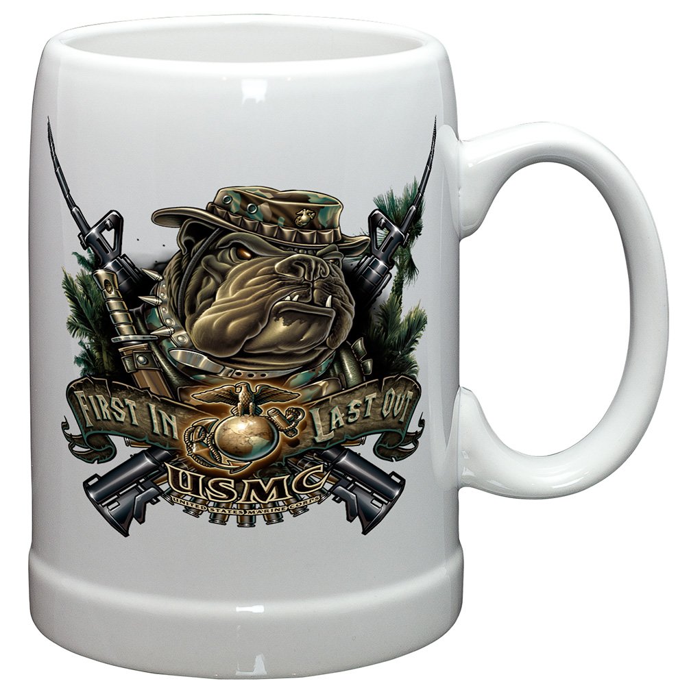 USMC Beer Stein Set - 12 Pack 20oz Stoneware German Beer Mugs with Marine Devil Dog Logo, Perfect for US Marine Corps Gifts (Men & Women) - Ideal for Military Parties, Veterans Day Celebrations & Home Bar Decor