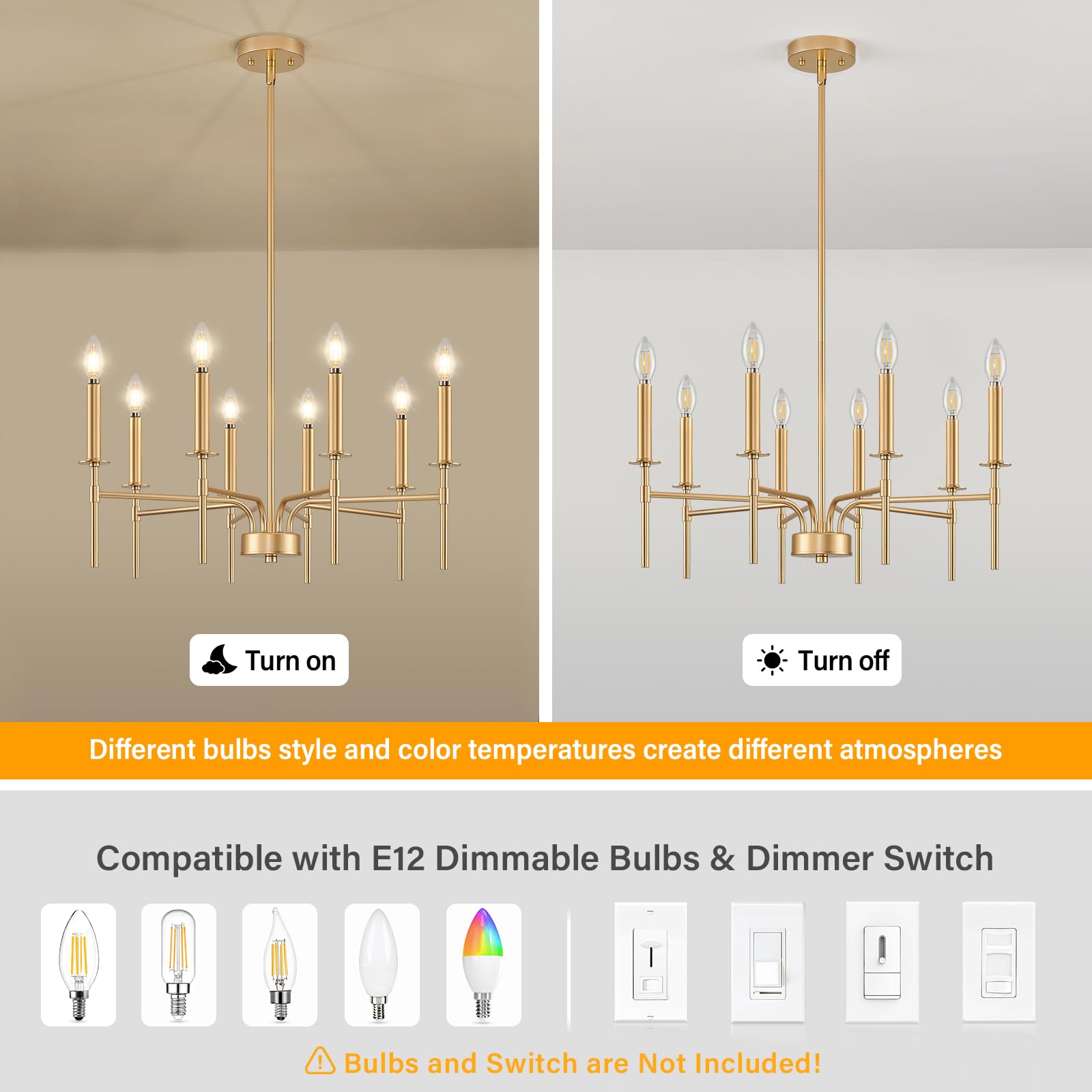 8-Light Gold Chandelier - Modern Farmhouse Dining Room Lighting Fixture with Metal Candle Pendant Design for Foyer, Entryway, Stairs, Living Room, Bedroom & Kitchen | Perfect for Rustic Home Decor & Dinner Party Ambiance