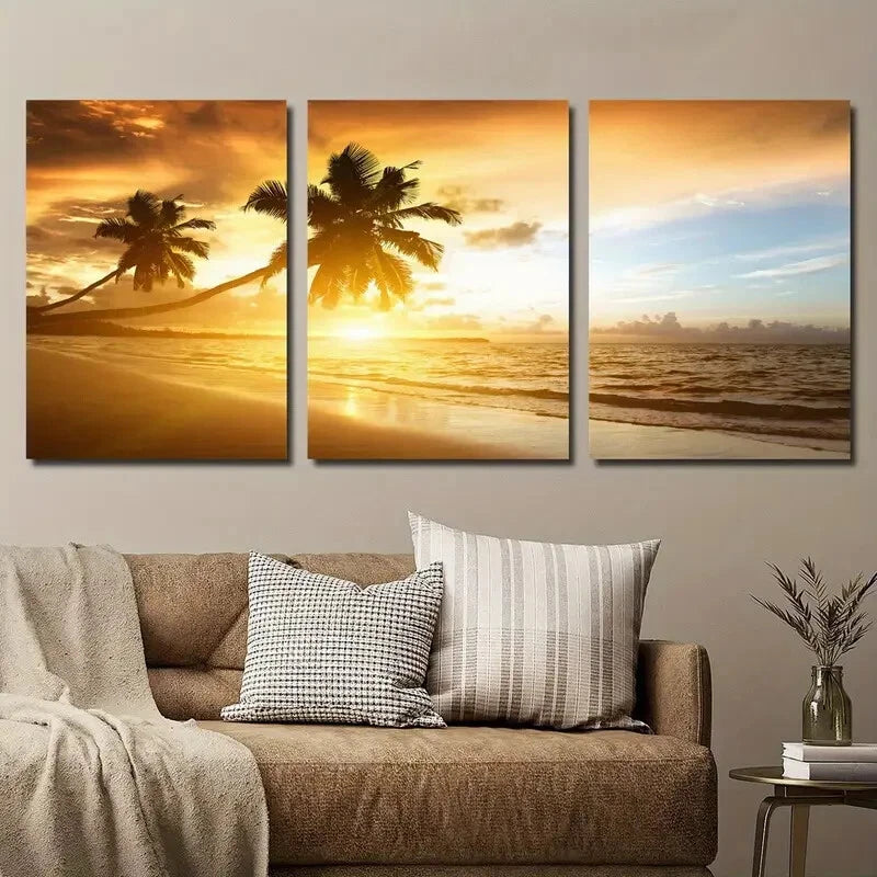 3pcs Vibrant Beach Coast Scenery Coconut Trees Metal Wall Art - Ready to Hang Tropical Decor for Living Room, Bedroom & Office