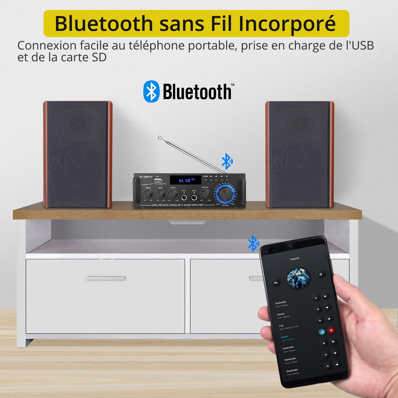 PROZOR Bluetooth Stereo Audio Amplifier with 2 Microphone Inputs, Bass/Treble/Echo Control, SD/USB/FM, Remote - 230V/12V for Home & Car - Perfect for Karaoke, Parties & Outdoor Events