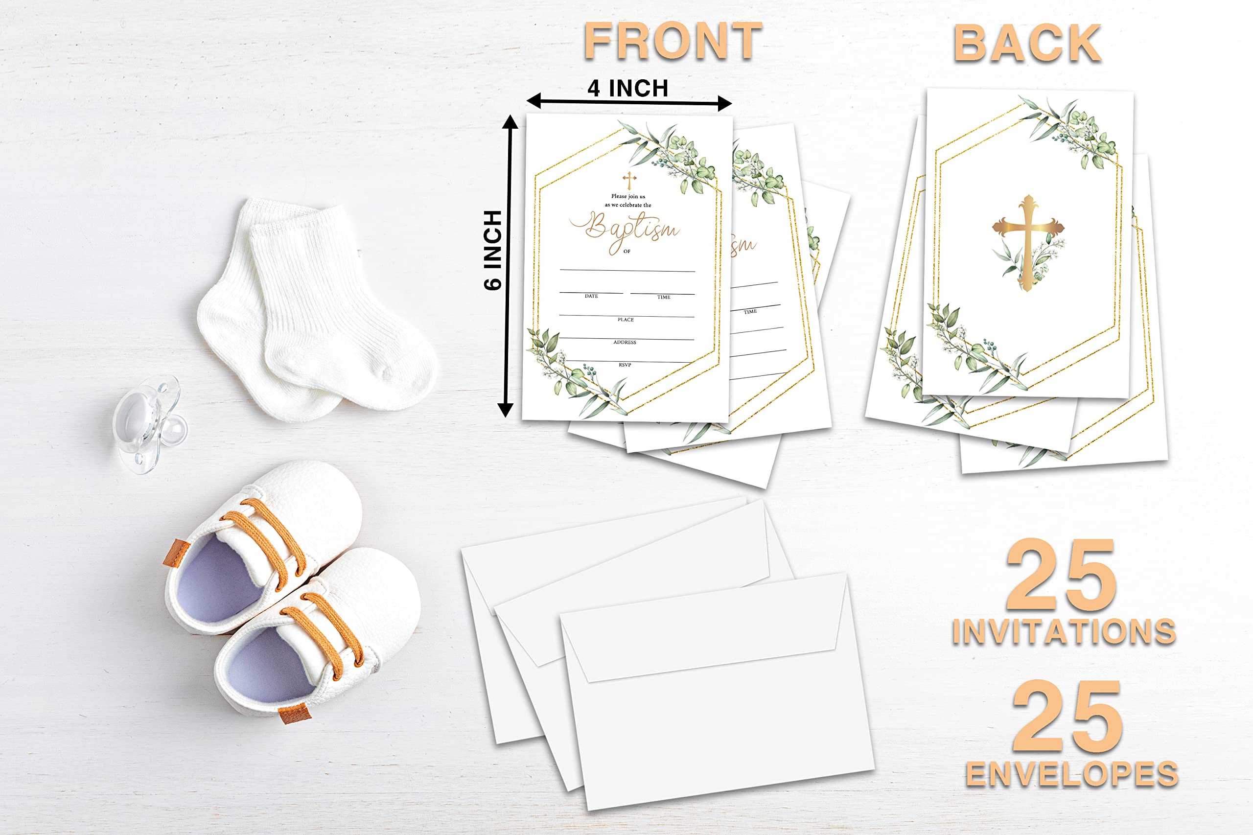 Elegant Watercolor Greenery Floral Baptism Invitation Cards with Envelopes - Set of 25 for Christening, Baby Dedication & Religious Celebrations - Perfect for Church Events, Baby Showers & Family Gatherings (A03)