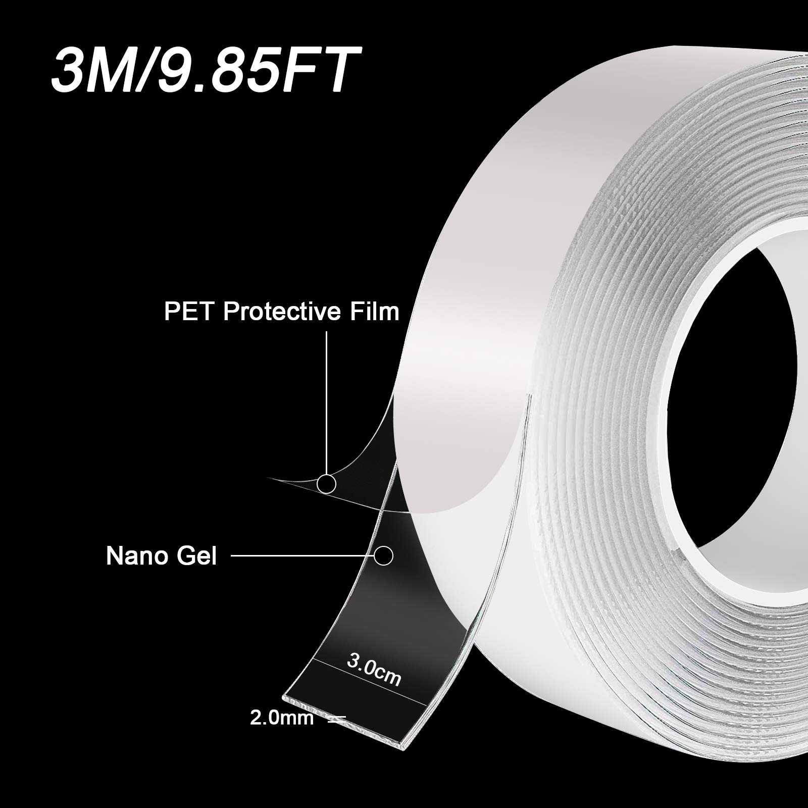 Strong Double Sided Tape Heavy Duty - 9.84FT Nano Adhesive Mounting Tape for Walls, Pictures, Posters & Carpets | Removable Clear Sticky Strips for Home Decor, Office & Car Use