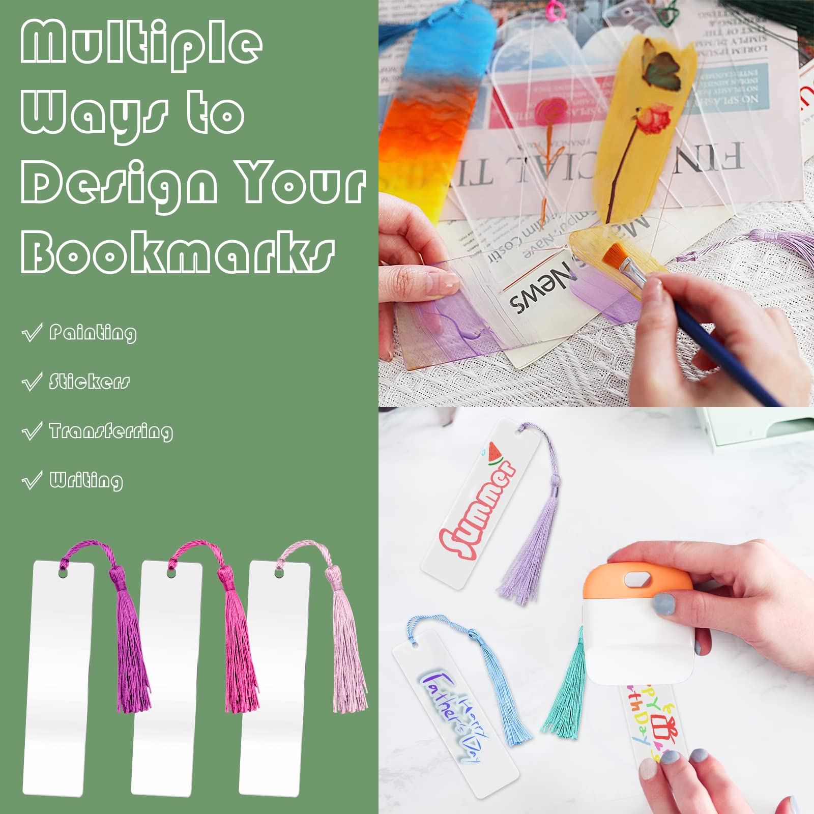 ZYNERY 60-Piece DIY Acrylic Bookmark Kit - 30 Clear Transparent Bookmarks & 30 Decorative Tassels - 1.3