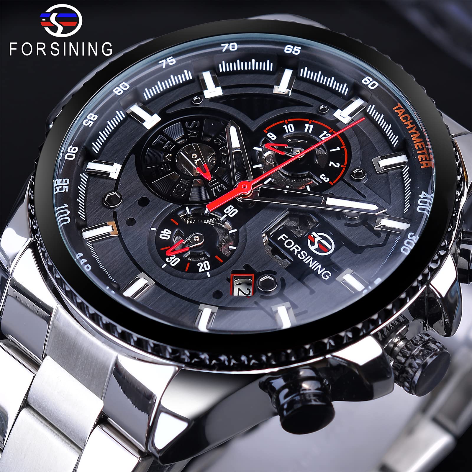 FORSINING Men's Automatic Self-Winding Luxury Stainless Steel Watch with Date, Month, Day, Stopwatch & Tachymeter - Large Dial Mechanical Wristwatch for Business, Formal & Casual Wear
