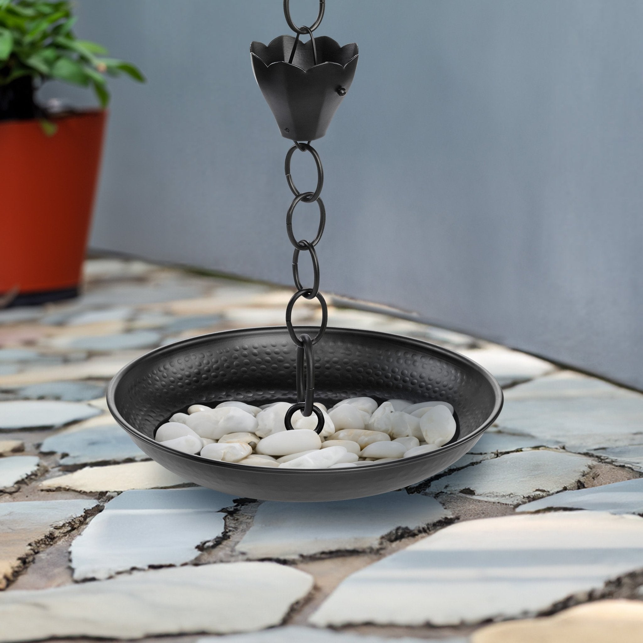 Black Rain Chain Basin - 16.5 Inch Diameter Decorative Water Collector for Garden Downspout Drainage | Perfect for Outdoor Landscaping & Japanese Style Gardens