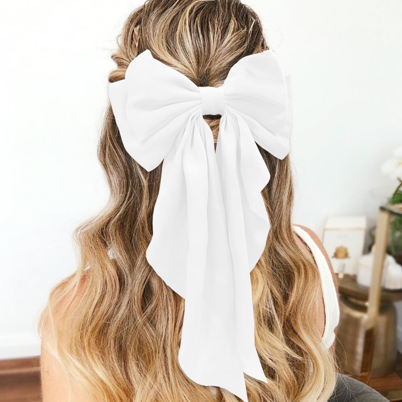 Elegant Oversized Satin Hair Bows for Girls & Women - Cute Long Ribboned Hair Clips Accessories (Pure White) | Perfect for Parties, Weddings & Daily Fashion