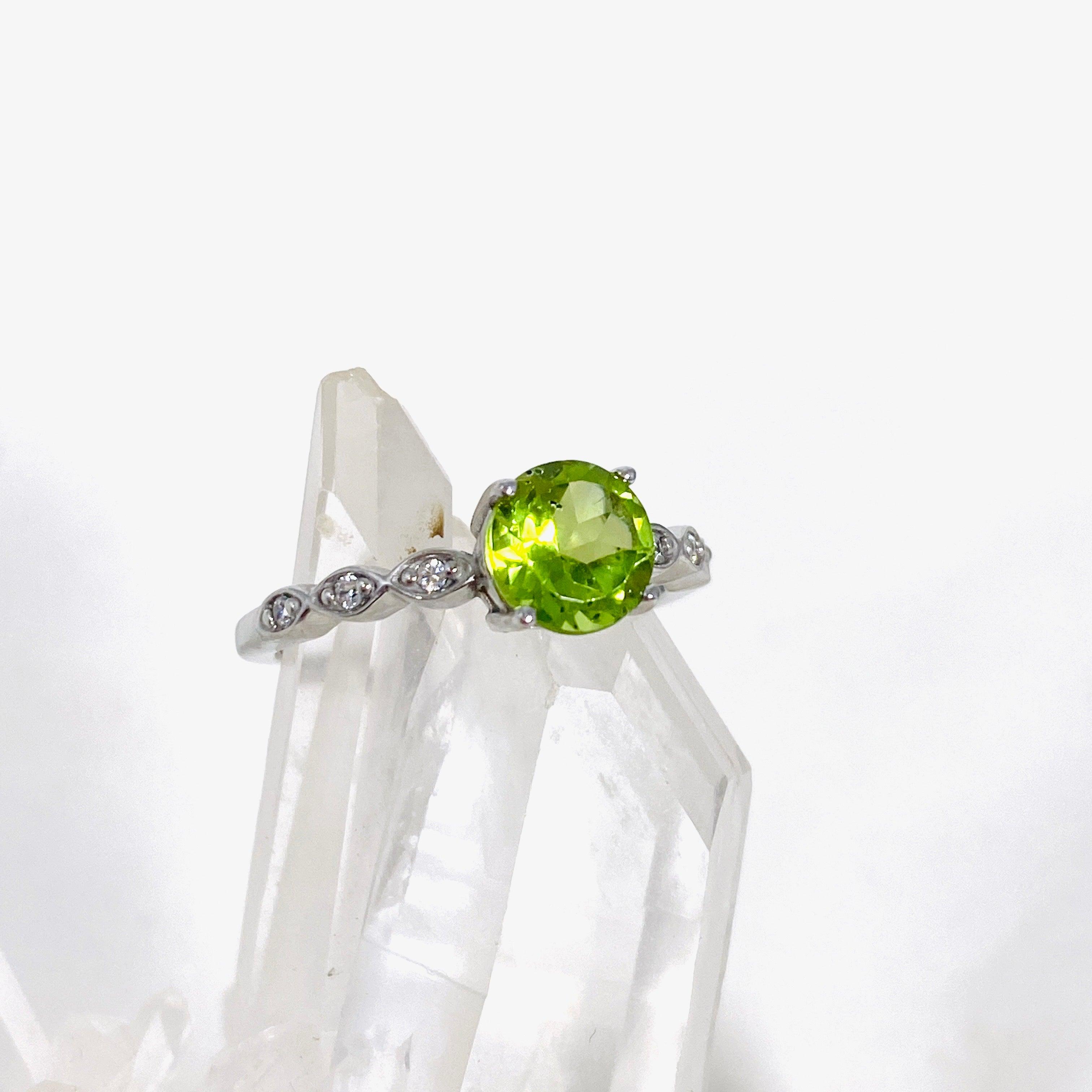 Peridot Round Faceted Ring with CZ Stones - 925 Sterling Silver Jewelry for Women - Perfect for Engagement, Wedding & Everyday Wear