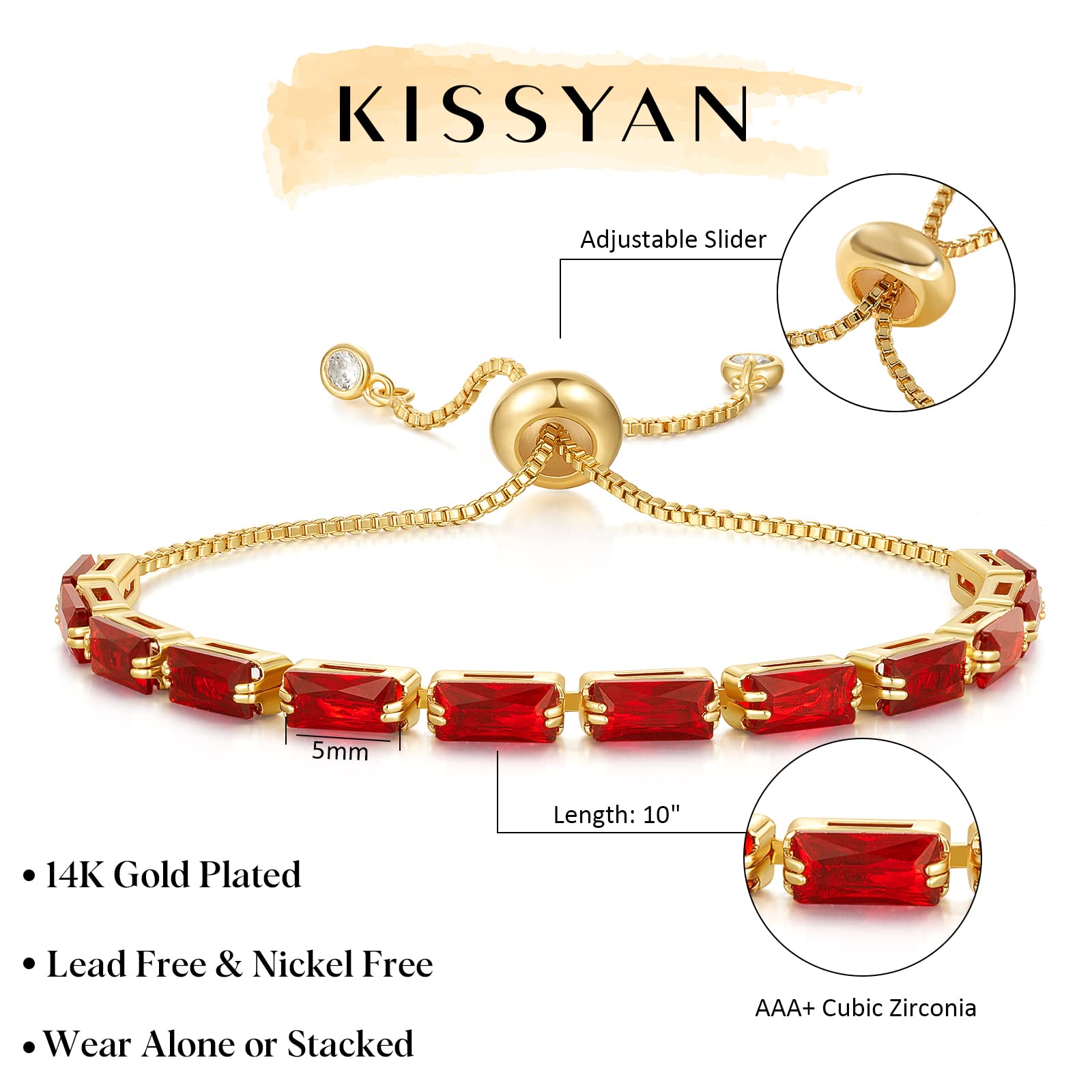 KissYan 14K Gold Plated Cubic Zirconia Tennis Bracelet for Women - Adjustable Slider Bracelet Trendy Jewelry Gift for Anniversary, Birthday, Party & Special Occasions