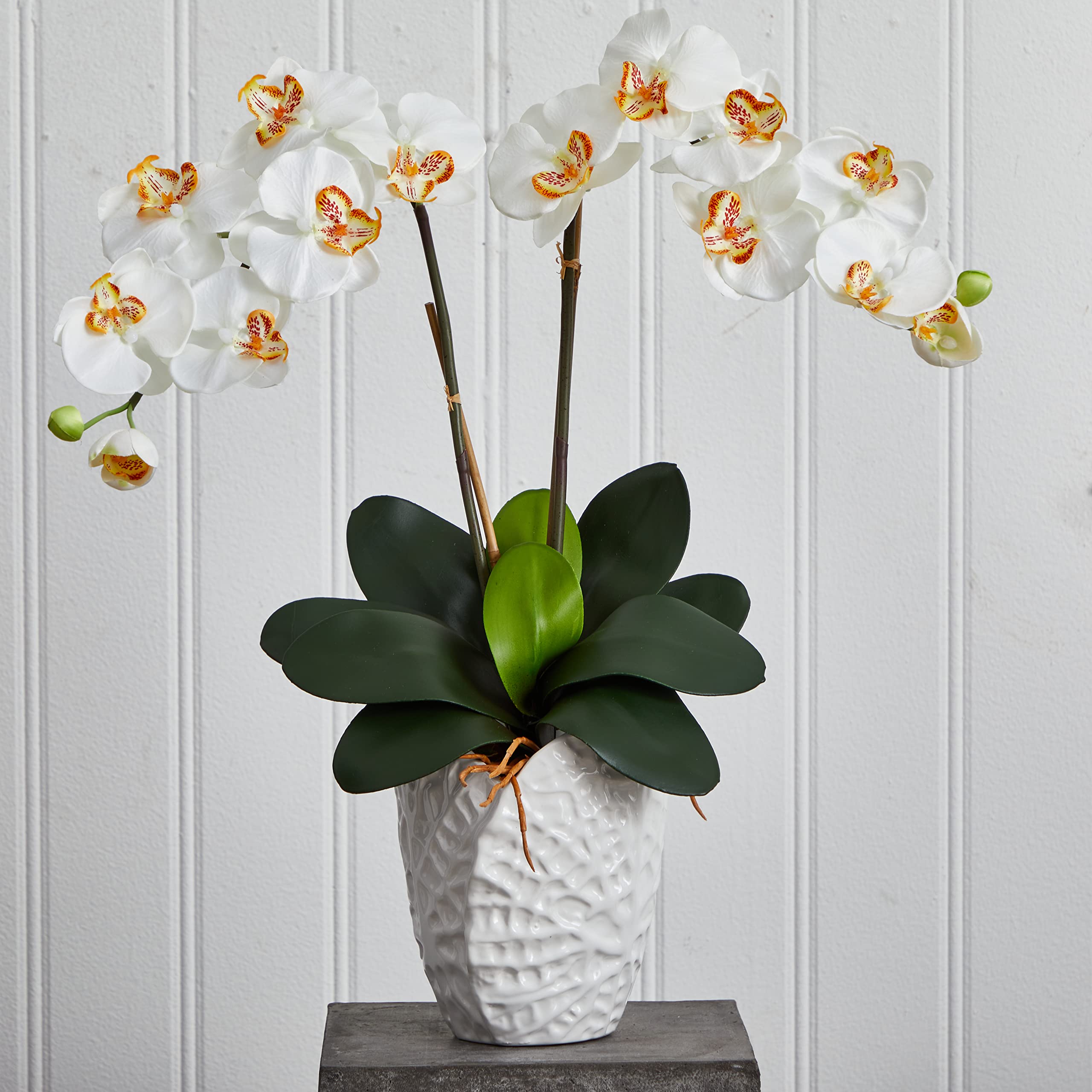 Nearly Natural Double Phalaenopsis Orchid Silk Flower Arrangement in White Vase - Elegant Home Decor for Living Room, Office & Wedding Centerpieces