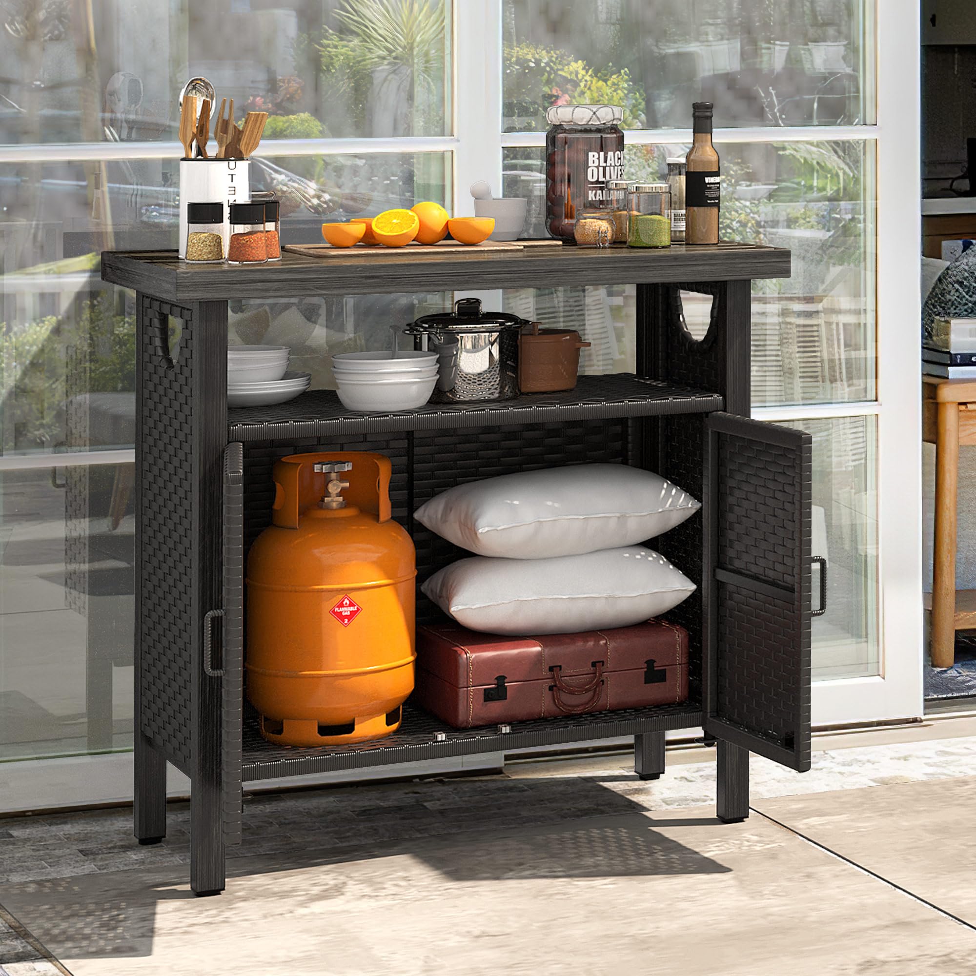 YITAHOME Outdoor Storage Cabinet with 2 Doors & Shelves - Weatherproof Wicker Patio Bar Table for Cushions, Pool Tools & Garden Supplies - Black | Perfect for Backyard, Deck & Poolside Storage Organization