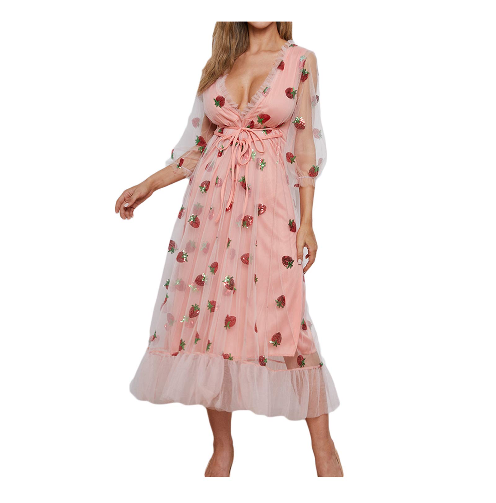 **Sexy Strawberry Embroidered Sequin Cocktail Dress for Women - V-Neck Pleated Maxi Summer Dress - Perfect for Beach Vacations, Parties & Date Nights**