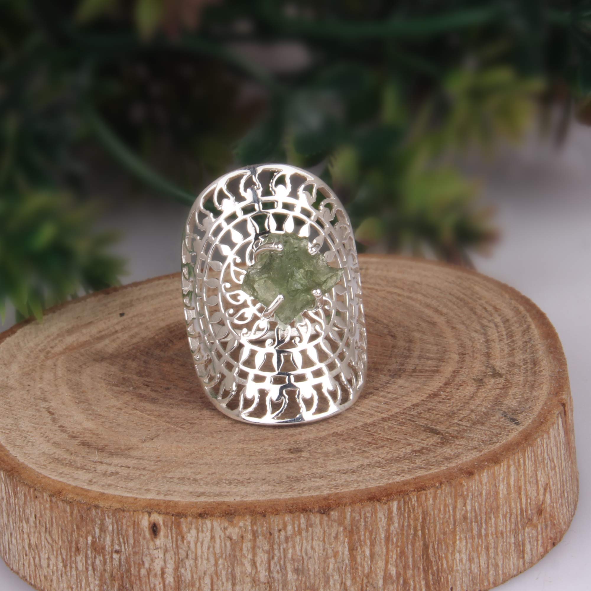 Genuine Raw Moldavite Ring - Natural Moldavite Gemstone & Sterling Silver Mandala Ring for Spiritual Healing & Meditation | Perfect for Energy Work, Chakra Balancing & Unique Jewelry Gifts
