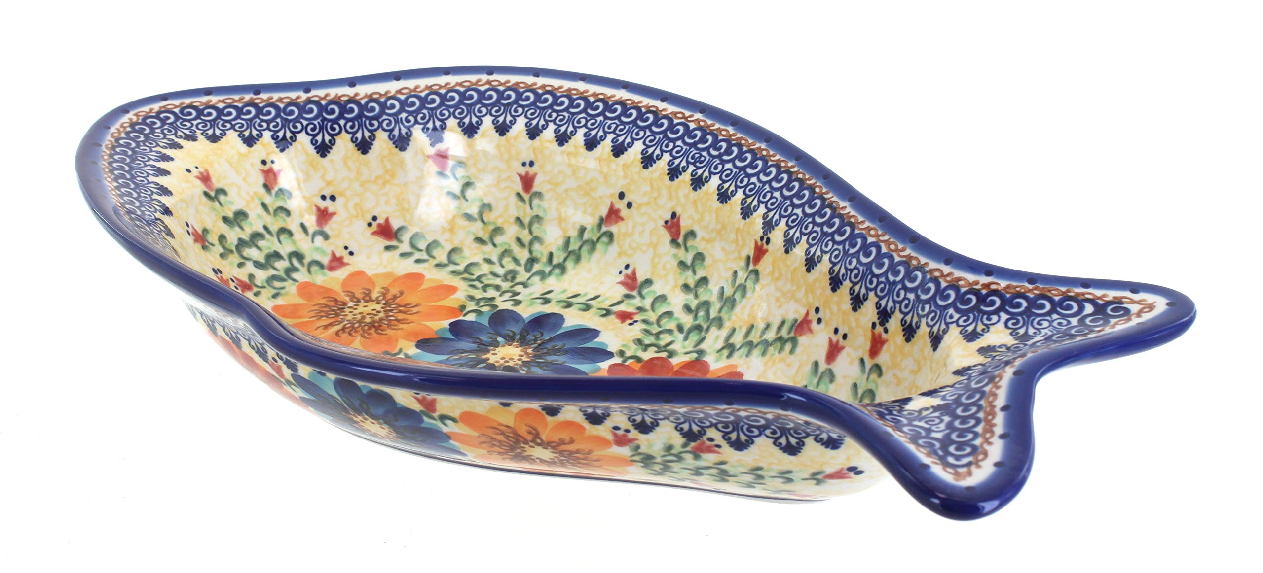 Handmade Blue Rose Polish Pottery Deep Fish Dish - Autumn Burst Design - Elegant Serving Platter for Seafood, Appetizers & Home Decor