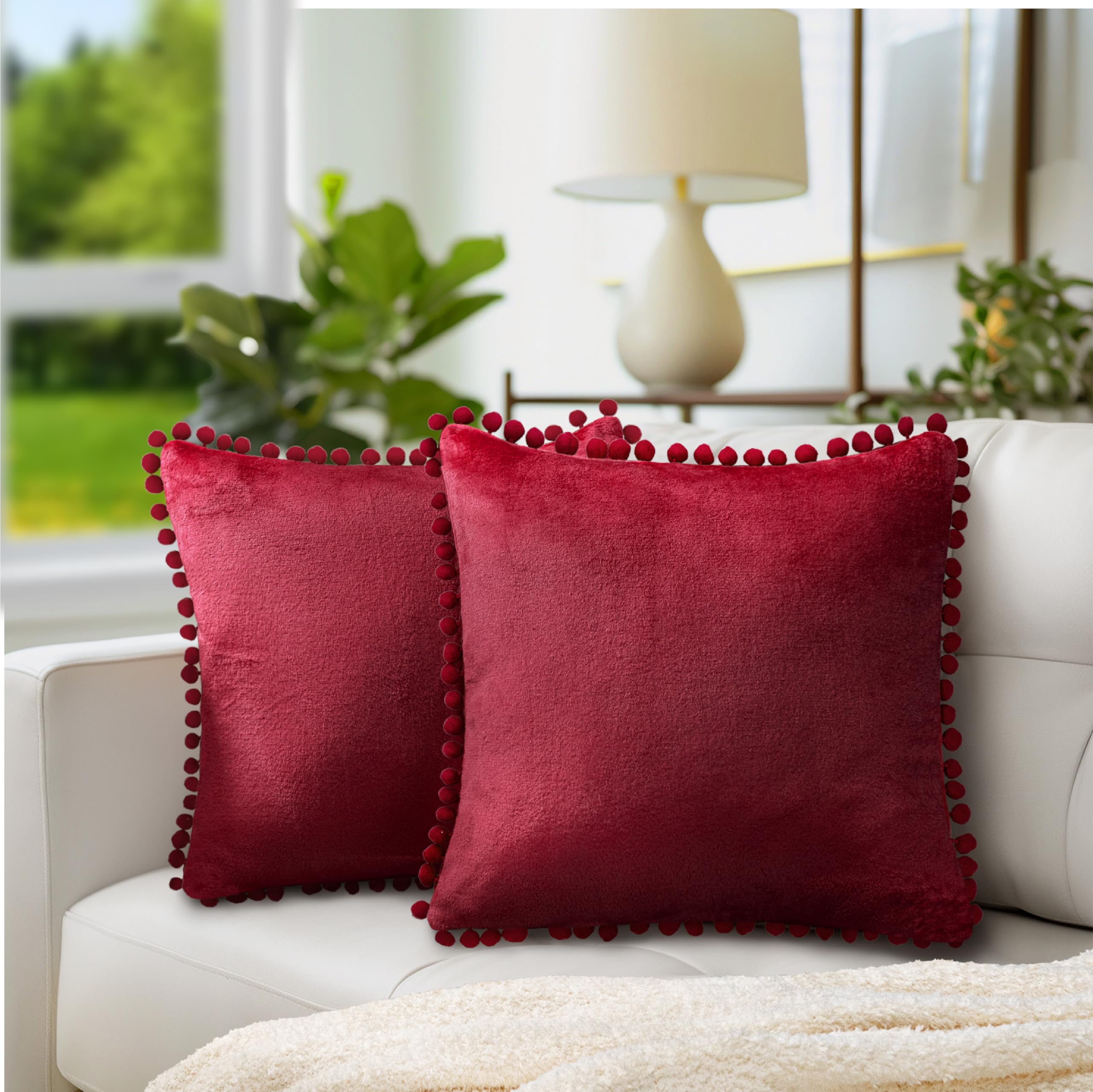 PAVILIA Burgundy Red Velvet Throw Pillow Covers 20x20 Inches - Set of 2 Decorative Pom Pom Pillow Cases for Sofa, Couch & Bedroom Decor | Soft Euro Plush Cushion Covers for Living Room, Bed Aesthetic & Home Styling