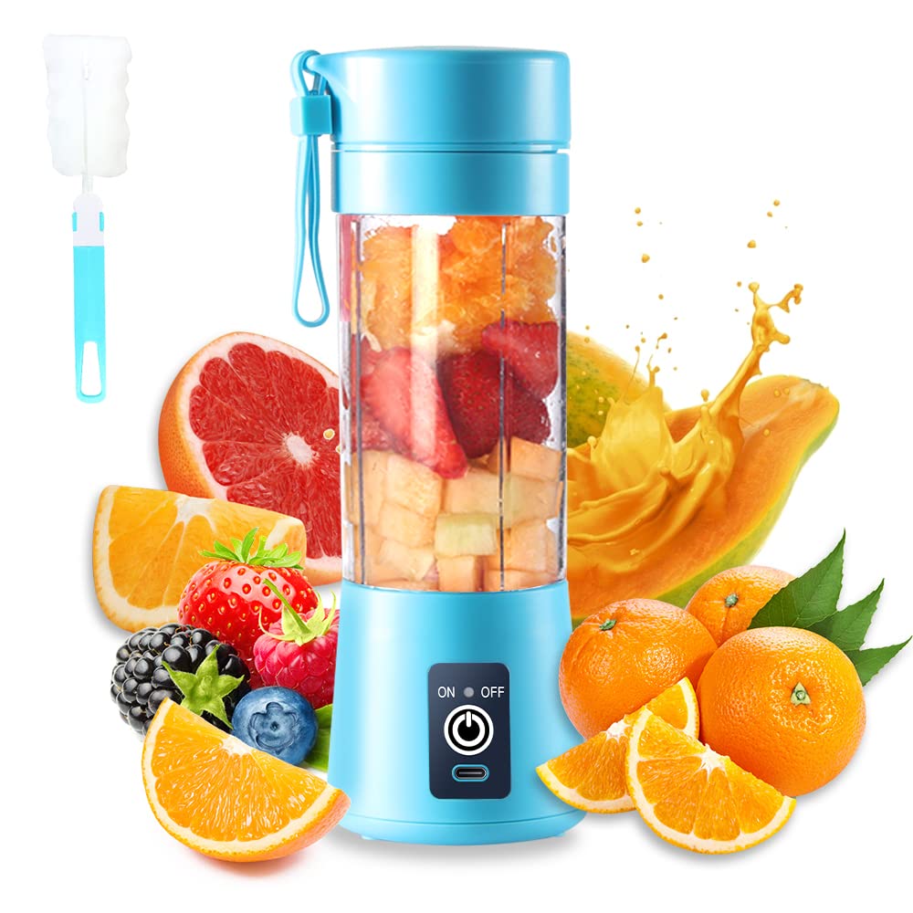 Portable USB Electric Blender Cup - 380ml Mini Blender for Smoothies, Juices & Shakes with 6 Blades | Perfect for Gym, Travel & Office (Blue)