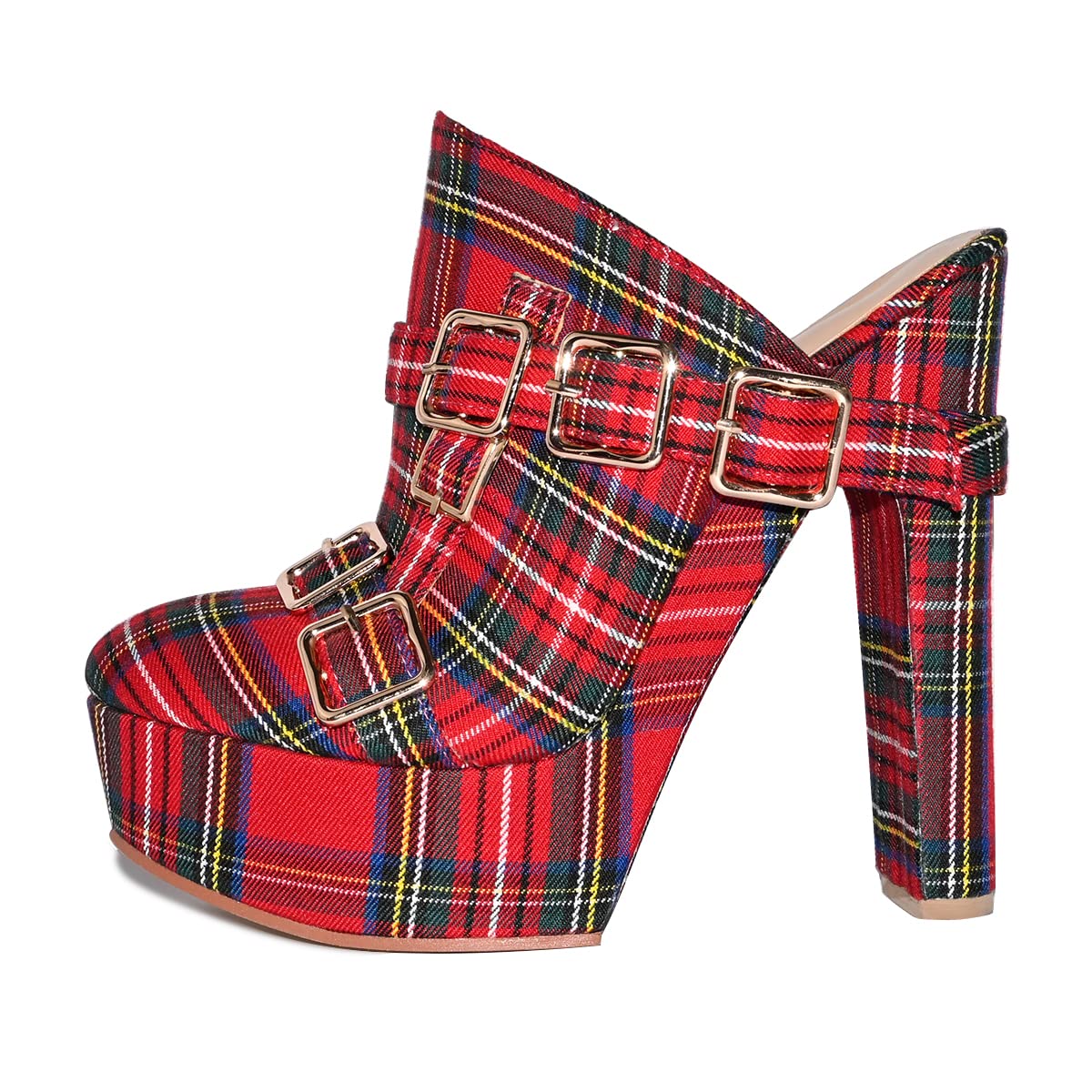 FSJ Women's Plaid Platform Mules - Chunky Block Heel Slip-On Sandals with Gold Buckle | Round Toe Backless Slides (US Size 4-15) | Perfect for Office, Party & Date Night Outfits