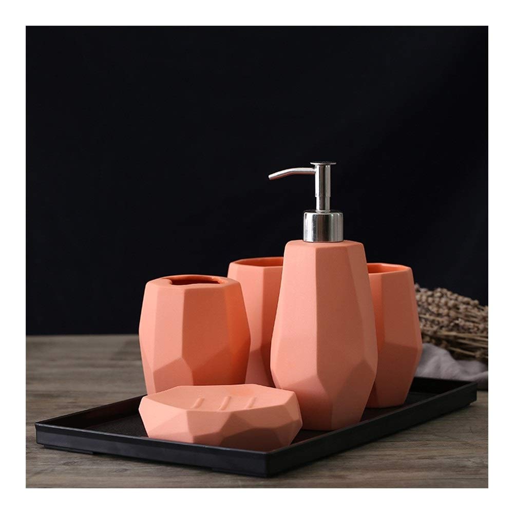 XXIOJUN 5-Piece Ceramic Bathroom Accessory Set - Eco-Friendly Toilet Brush & Holder, Soap Dispenser, Toothbrush Cup, Soap Dish - Modern Orange Bathroom Decor for Home, Apartment & Guest Bath
