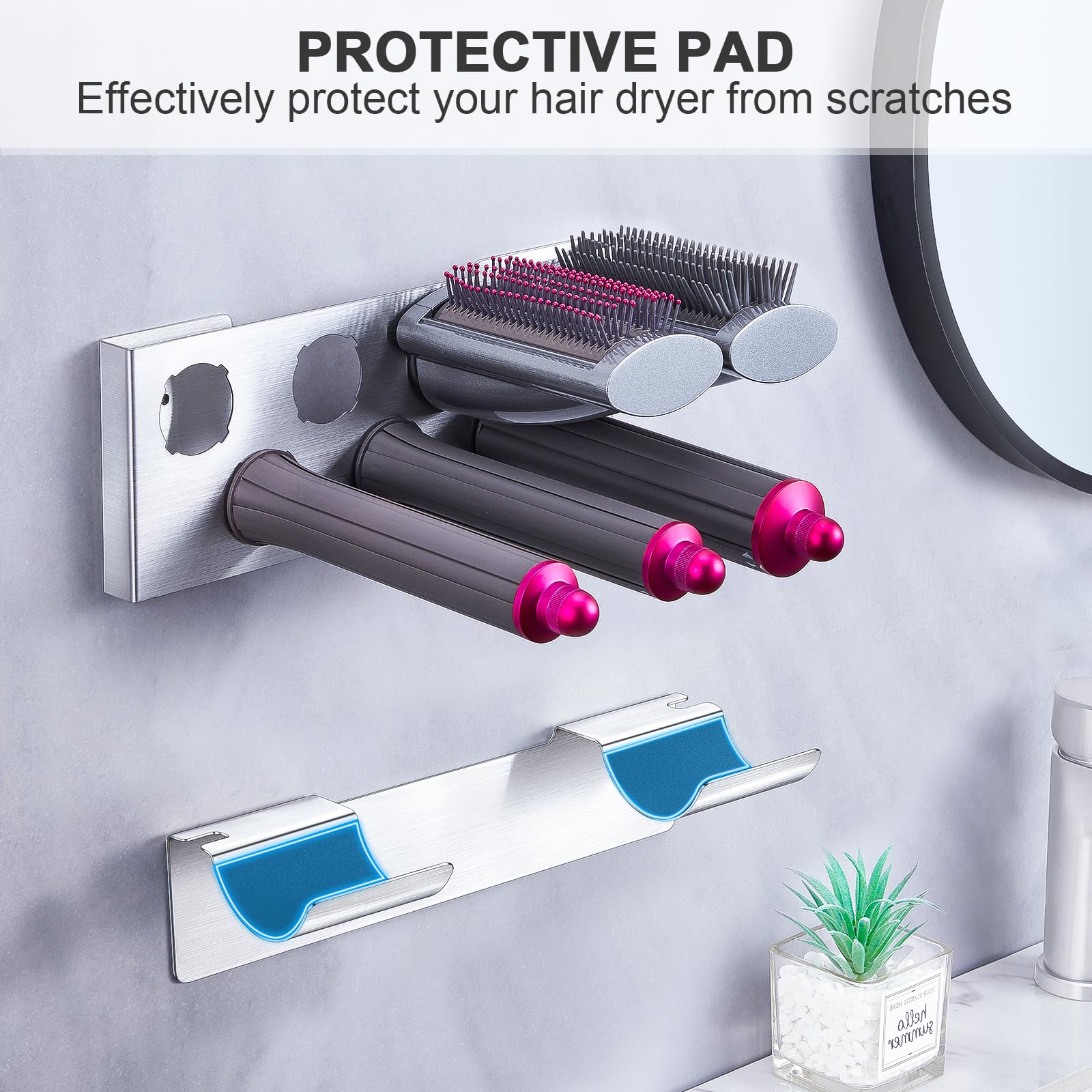 7 in 1 Wall Mount Hair Dryer Holder - Adhesive Blow Dryer & Curling Iron Organizer - Stainless Steel Hair Tools Storage for Bathroom, Salon & Home Use