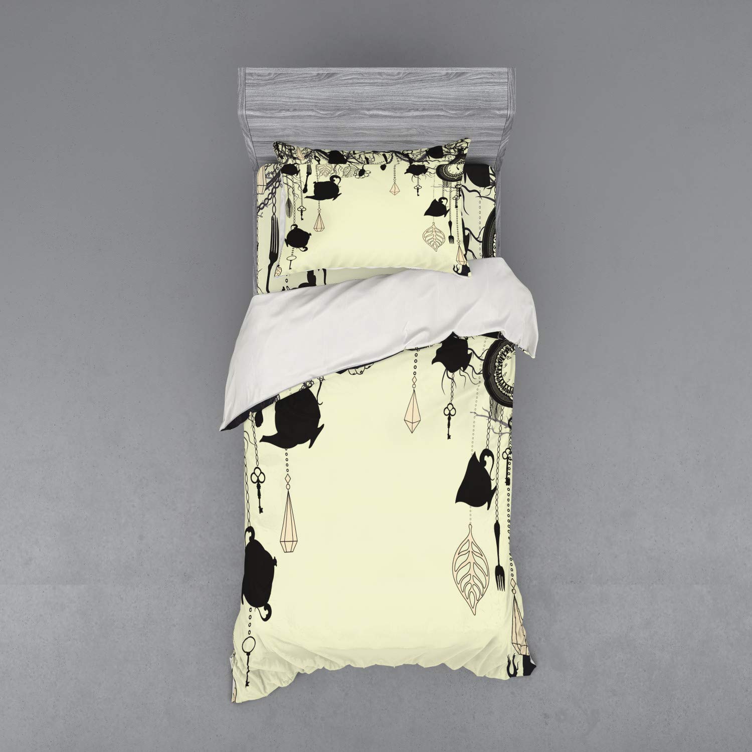 Ambesonne Vintage Tea Party 3-Piece Bedding Set - Twin XL Duvet Cover with Sham & Fitted Sheet, Antique Diamond Forks Spoons Cups Leaves Tree Branch Design in Avocado Green & Black - Perfect for Boho Bedrooms, Guest Rooms & Themed Decor