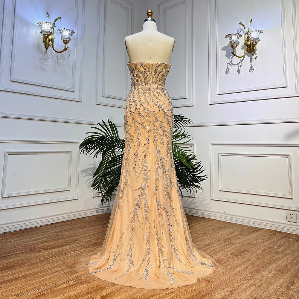 Serene Hill Champagne Luxury Mermaid Evening Dresses for Women - Elegant Long Gowns with Half Purr Sleeves for Prom, Wedding, Gala & Formal Events LA71120