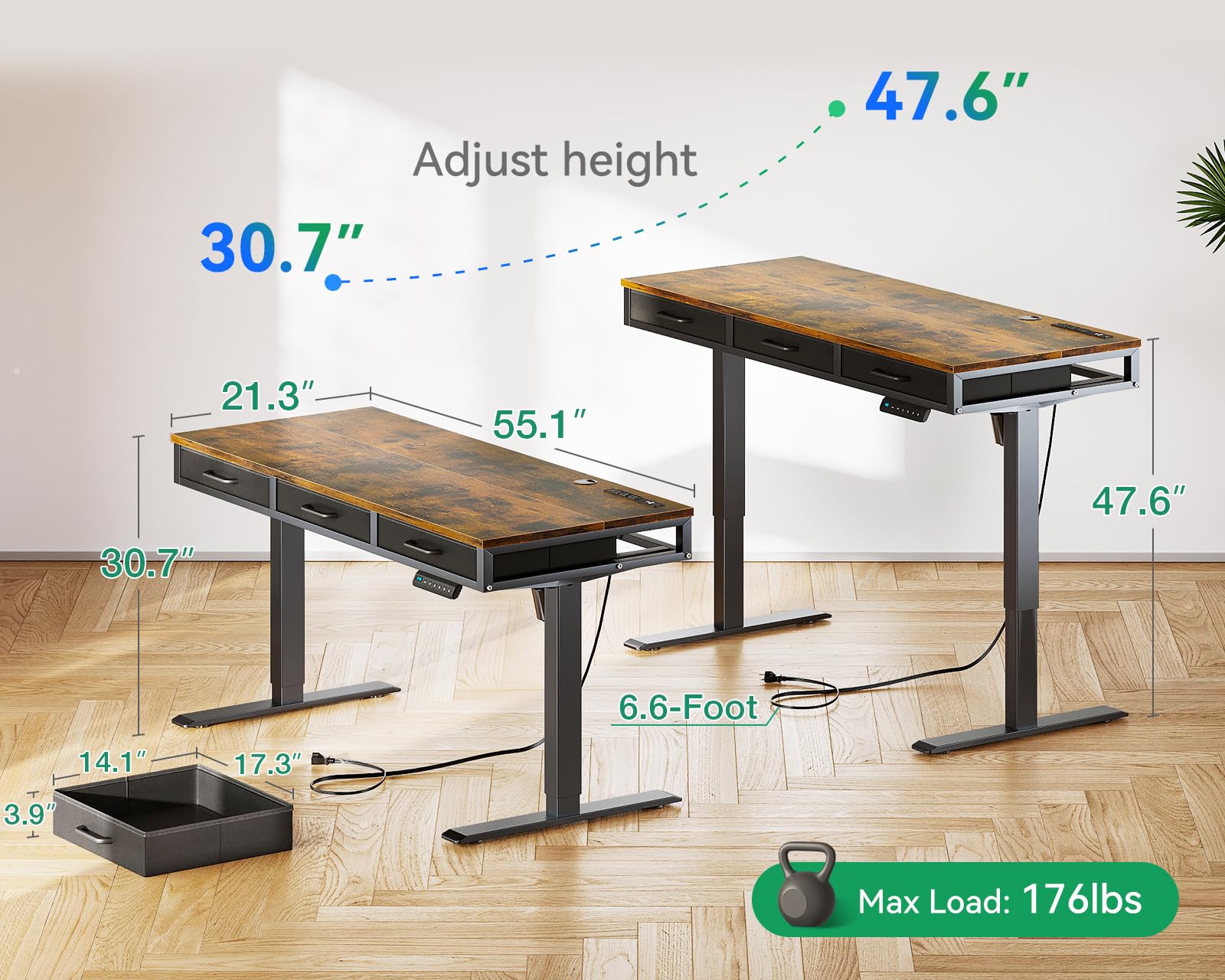 AODK 55 Inch Electric Height Adjustable Standing Desk with Drawers & Power Outlets - Sit Stand Computer Desk for Home Office, Ergonomic Workstation (Rustic Brown) - Perfect for Remote Work, Gaming & Study Spaces