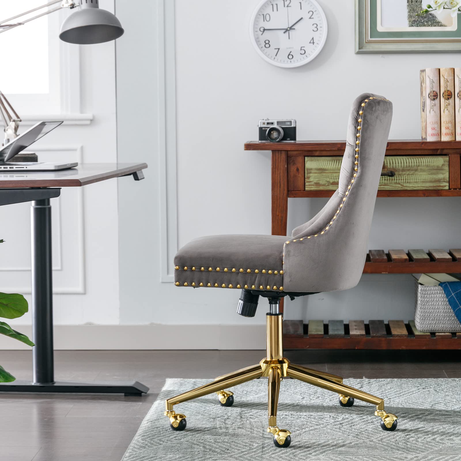 Modern Velvet Upholstered Tufted Button Office Chair - 360° Swivel & 120° Rocking Ergonomic Computer Desk Chair, Armless Task Chair for Home Office, Vanity, Gaming & Study - Gray
