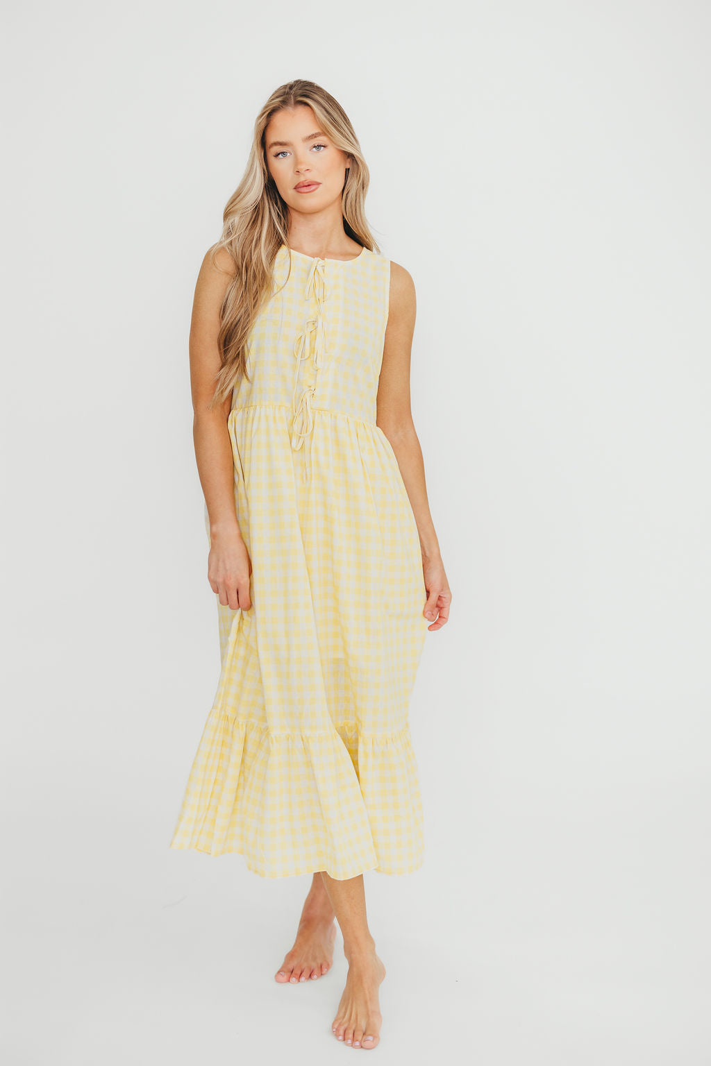 Alana Gingham Ribbon Detail Midi Dress in Butter Yellow - Floral Summer Dress for Women, Casual & Party Wear, Perfect for Beach, Brunch and Date Nights