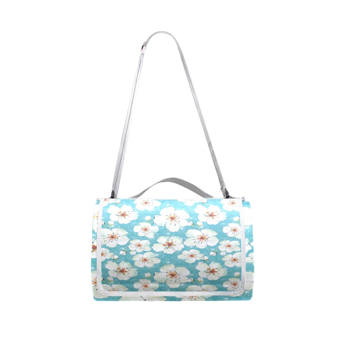 Waterproof Foldable Picnic Blanket - Large 57x59in Outdoor Camping & Beach Blanket with Shoulder Strap Tote, Blue with White Floral Design - Perfect for Picnics, Parks, Beach Days, and Outdoor Adventures
