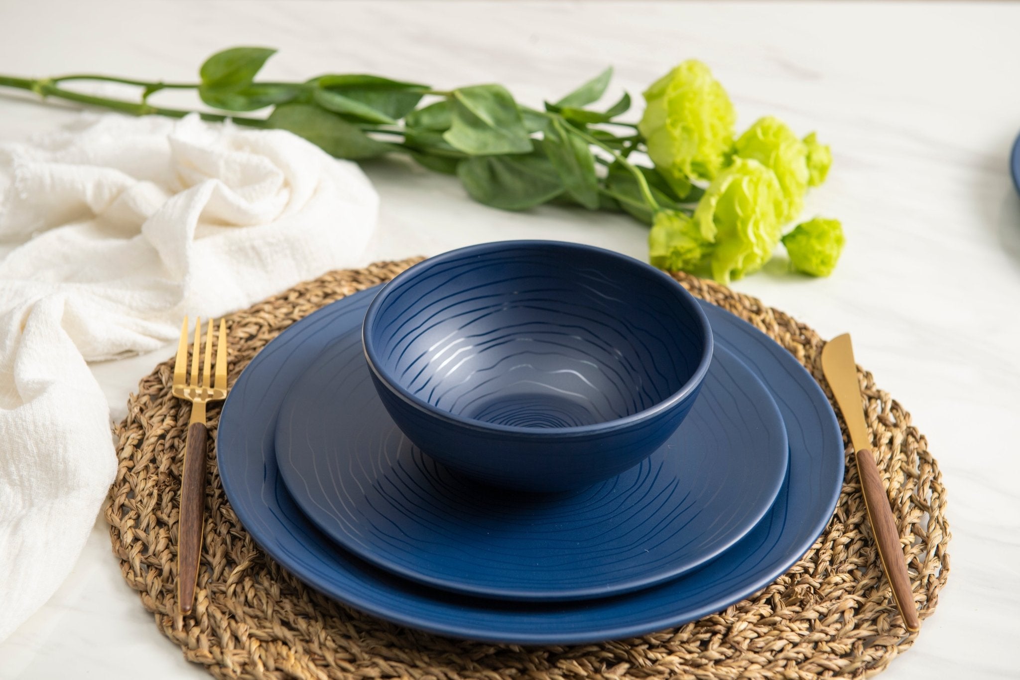 12-Piece Organic Melamine Dinnerware Set - French Navy Plates & Bowls for Outdoor Dining, Picnics, and Camping