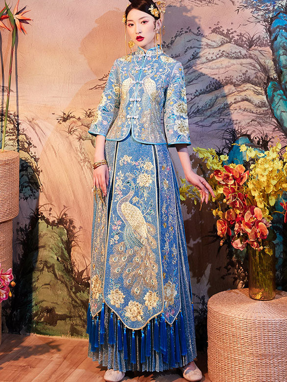 Elegant Embroidered Phoenix Bridal Qun Kwa with Pleated Skirt - Traditional Chinese Wedding Dress for Brides, Tea Ceremony & Red Carpet Events