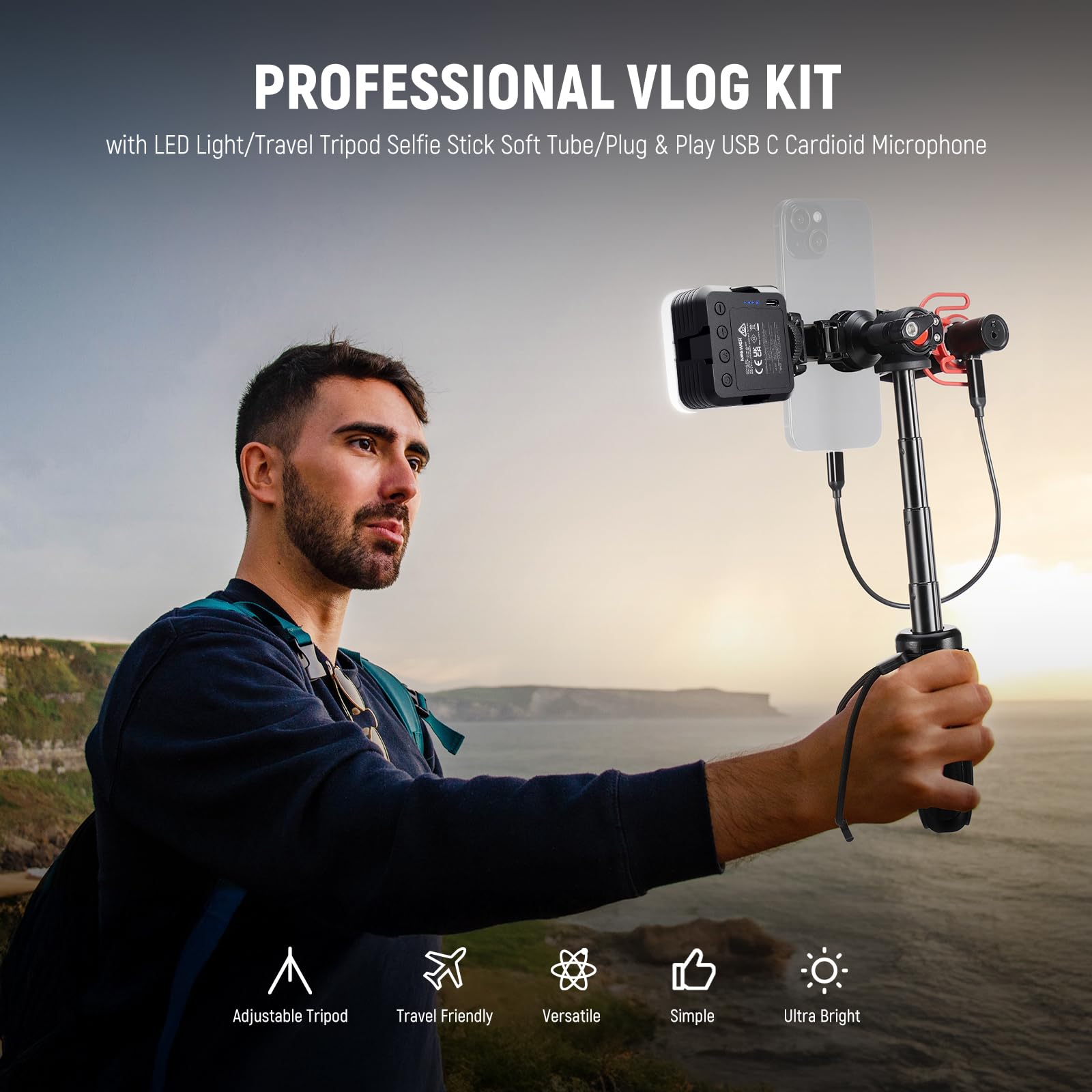 NEEWER Phone Vlogging Kit with LED Light, Selfie Stick Tripod & USB-C Microphone - YouTube Content Creator Essentials for iPhone, Android, Podcast - Perfect for Travel Vlogging, Live Streaming & Social Media Content Creation